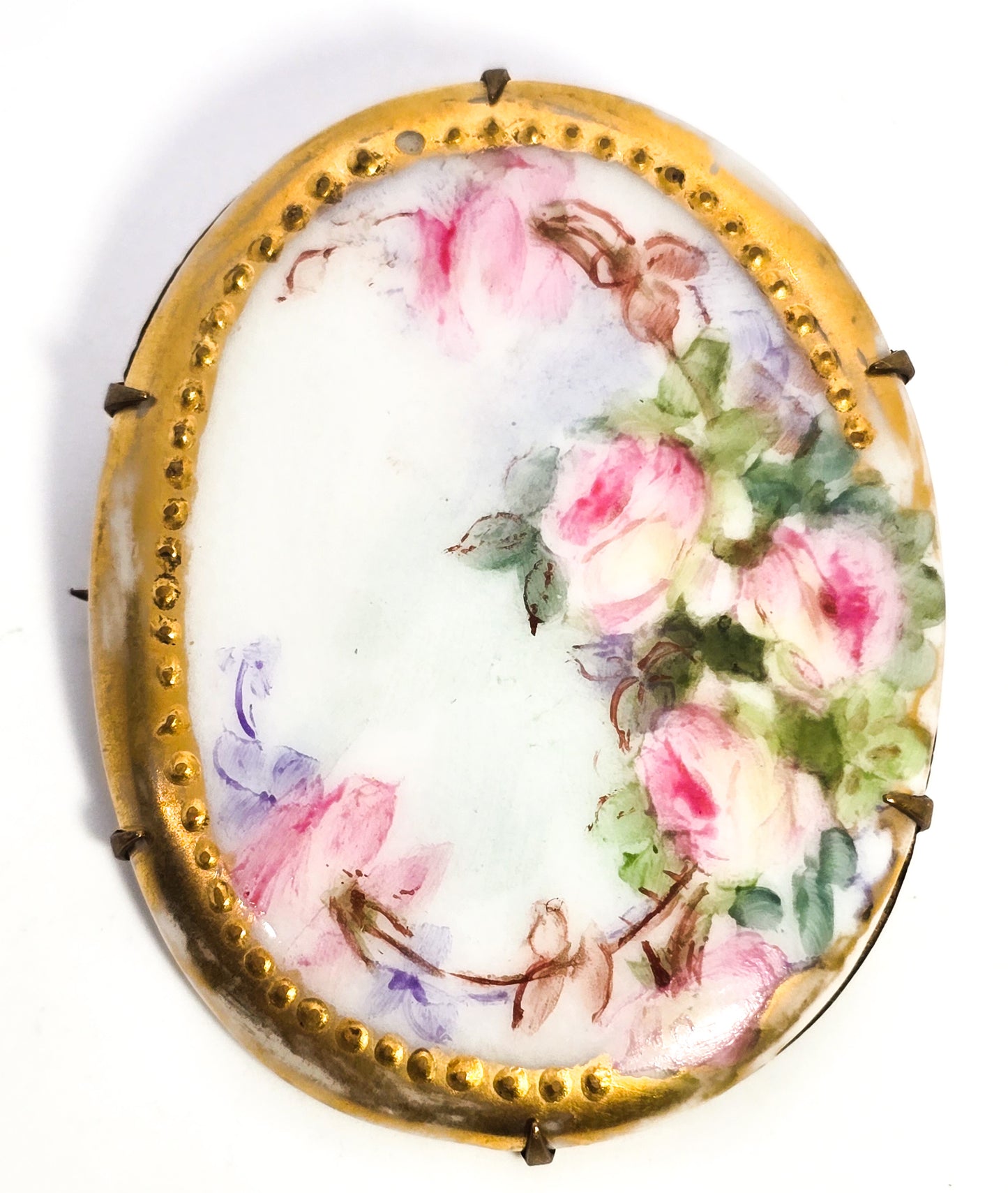 Antique hand painted porcelain pink roses gold framed brooch