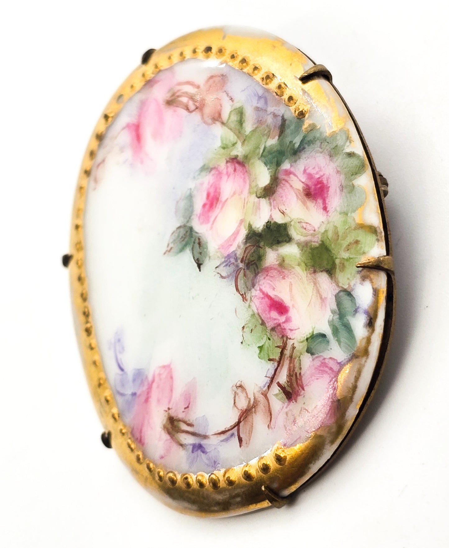 Antique hand painted porcelain pink roses gold framed brooch