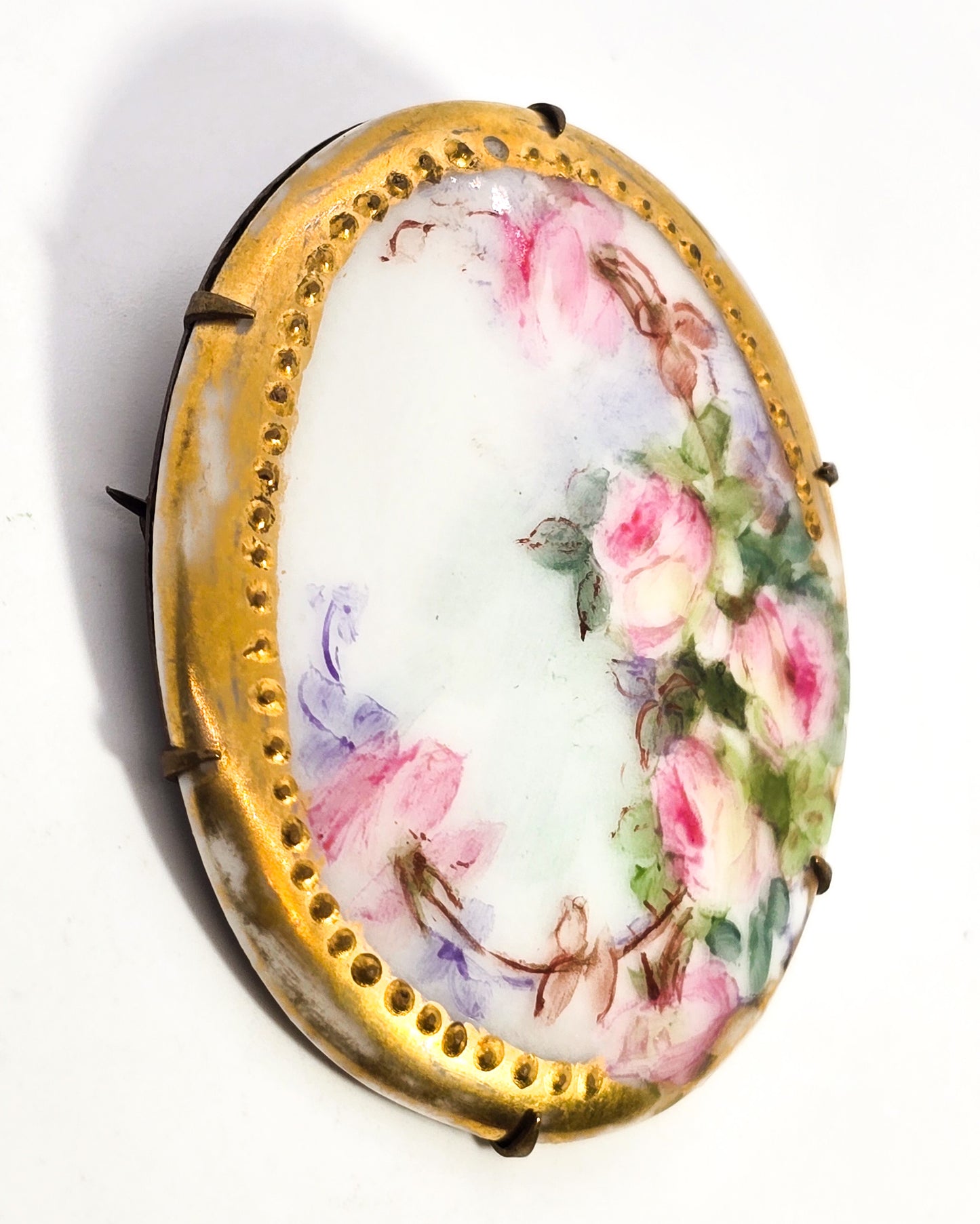 Antique hand painted porcelain pink roses gold framed brooch