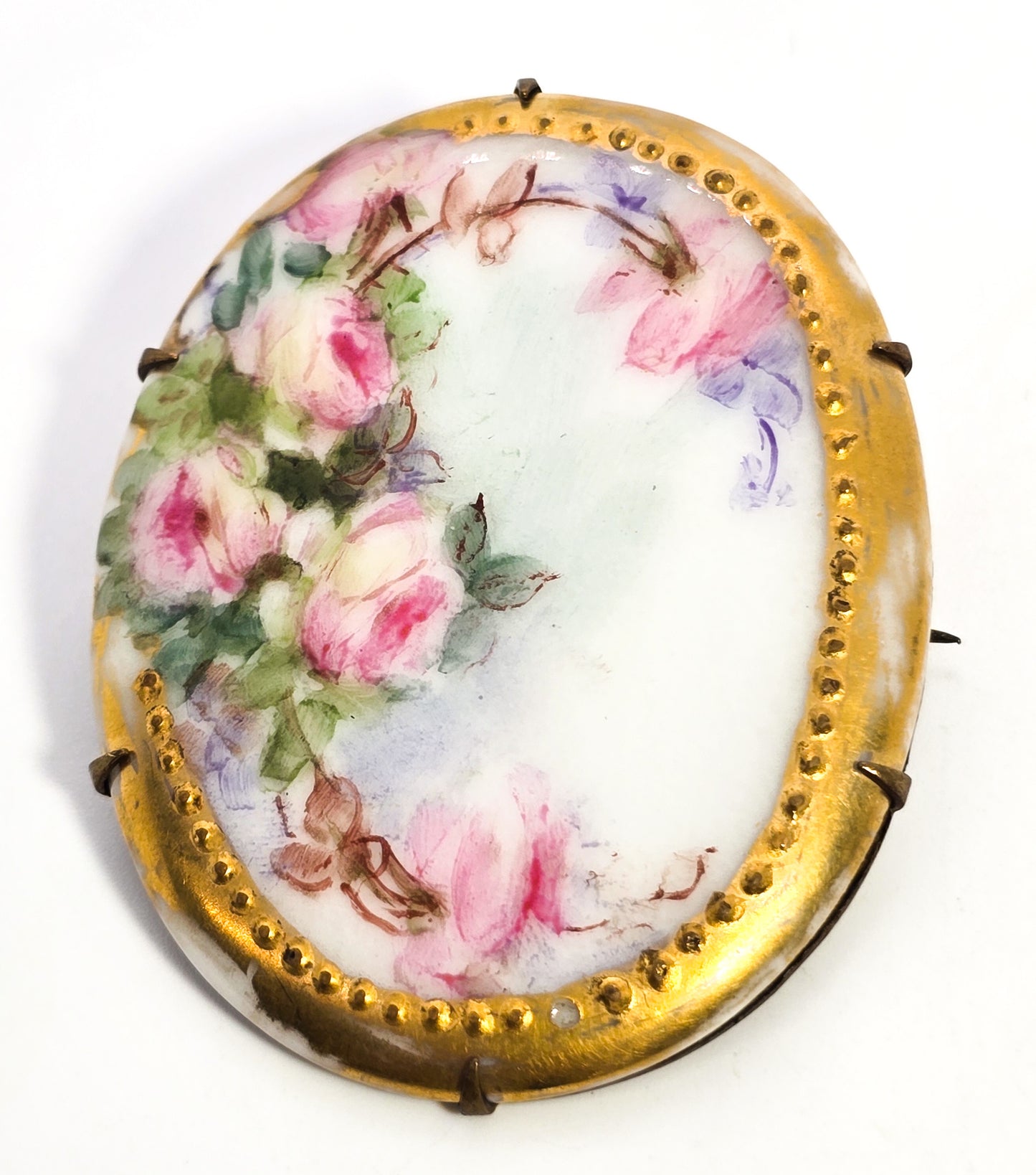 Antique hand painted porcelain pink roses gold framed brooch