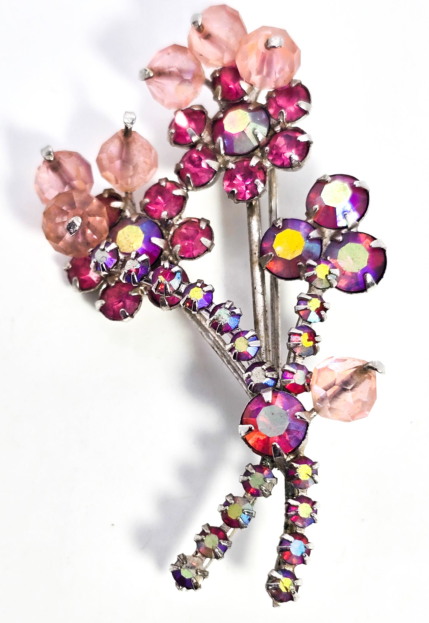 Pink Austrian crystals aurora borealis rhinestone flower vintage spray brooch