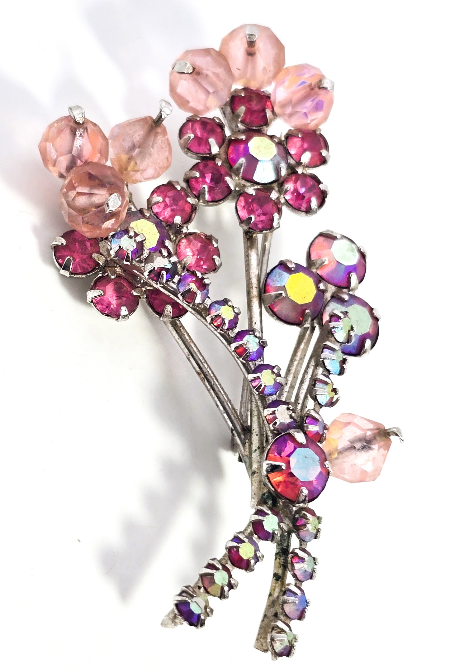 Pink Austrian crystals aurora borealis rhinestone flower vintage spray brooch