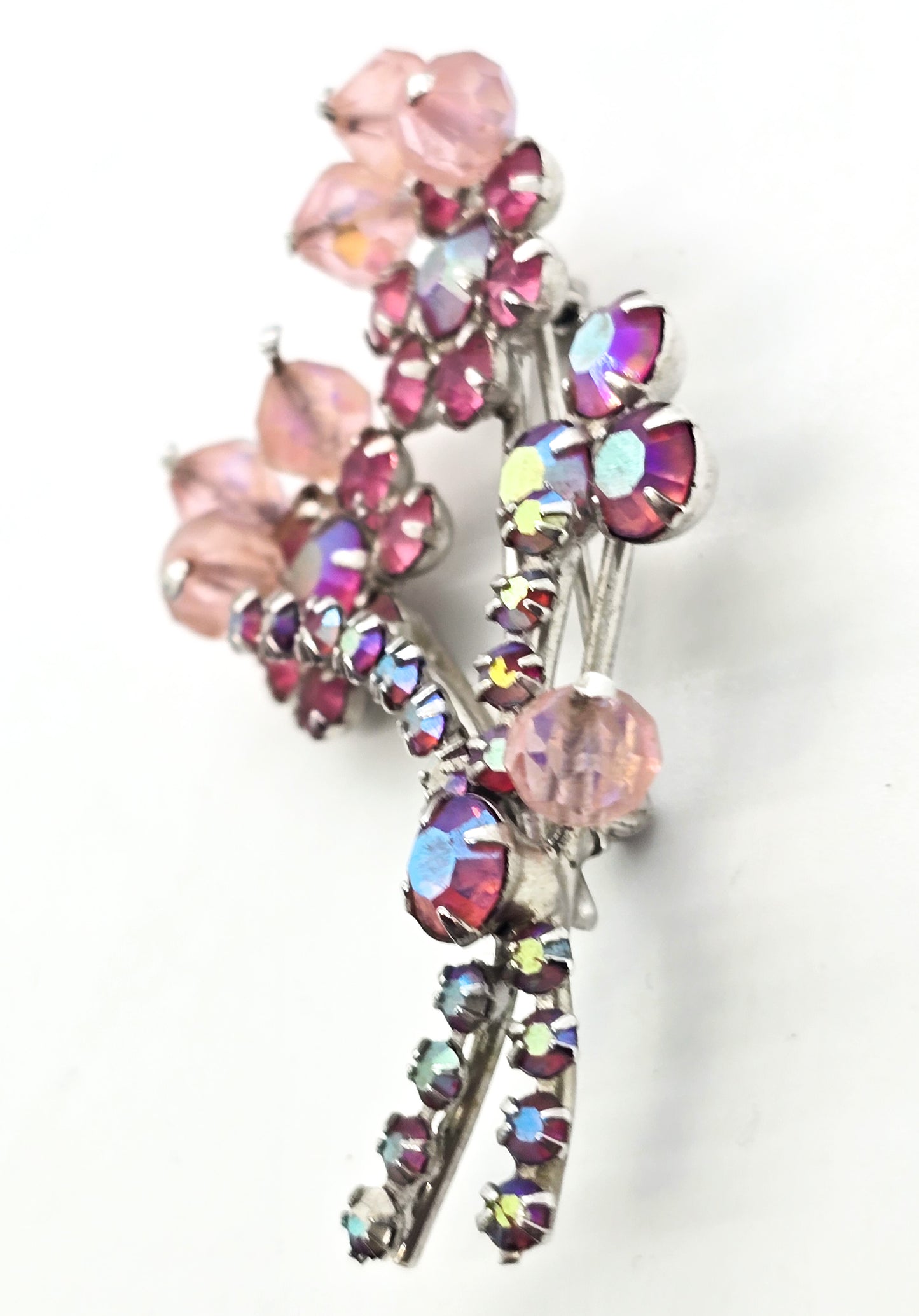 Pink Austrian crystals aurora borealis rhinestone flower vintage spray brooch