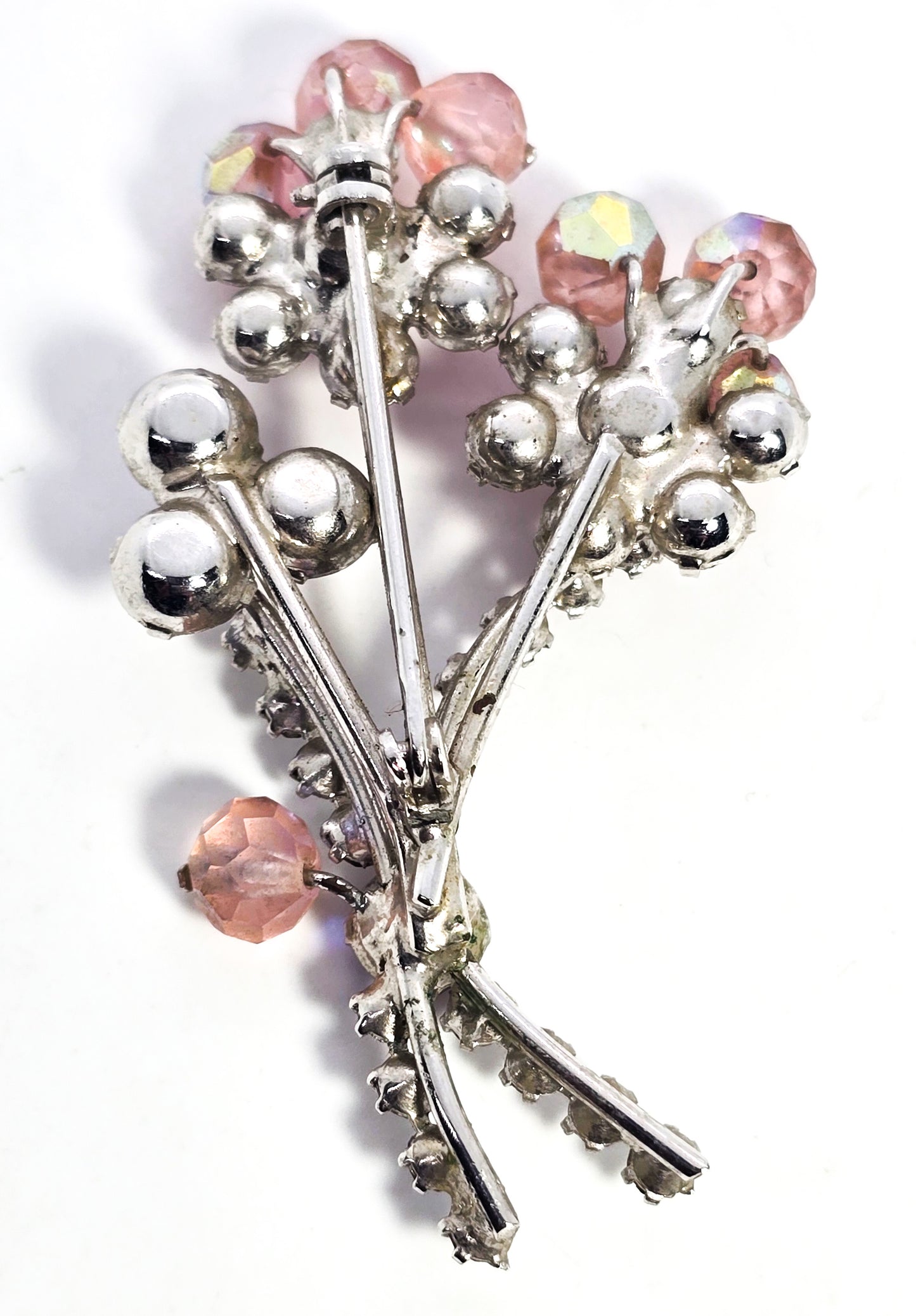 Pink Austrian crystals aurora borealis rhinestone flower vintage spray brooch