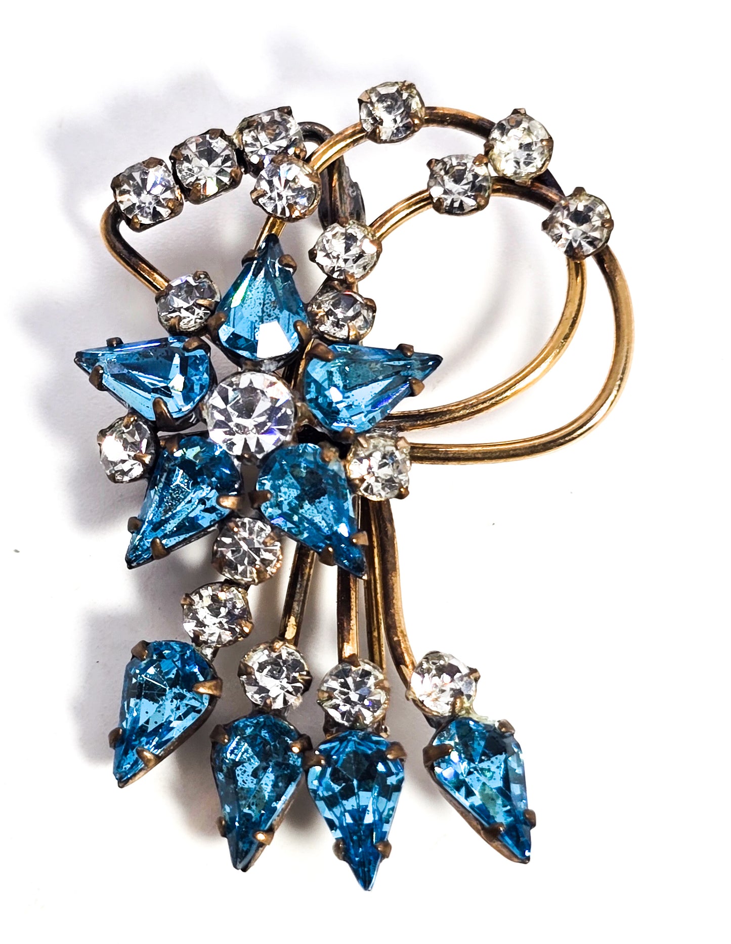 Antoinette gold filled bright blue rhinestone flower vintage spray brooch