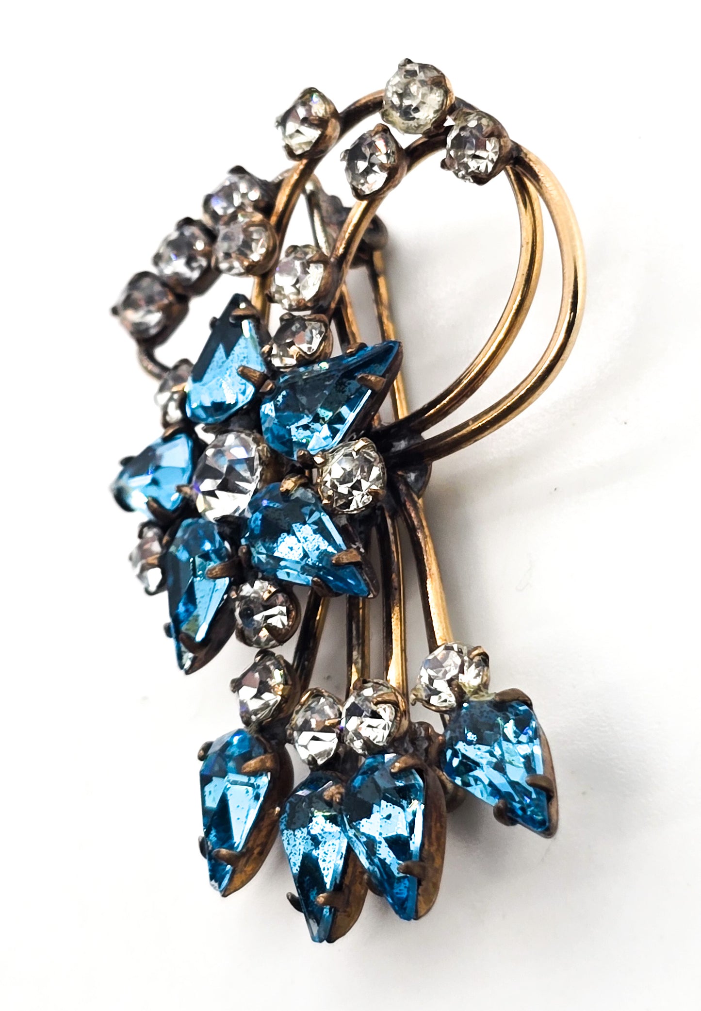 Antoinette gold filled bright blue rhinestone flower vintage spray brooch