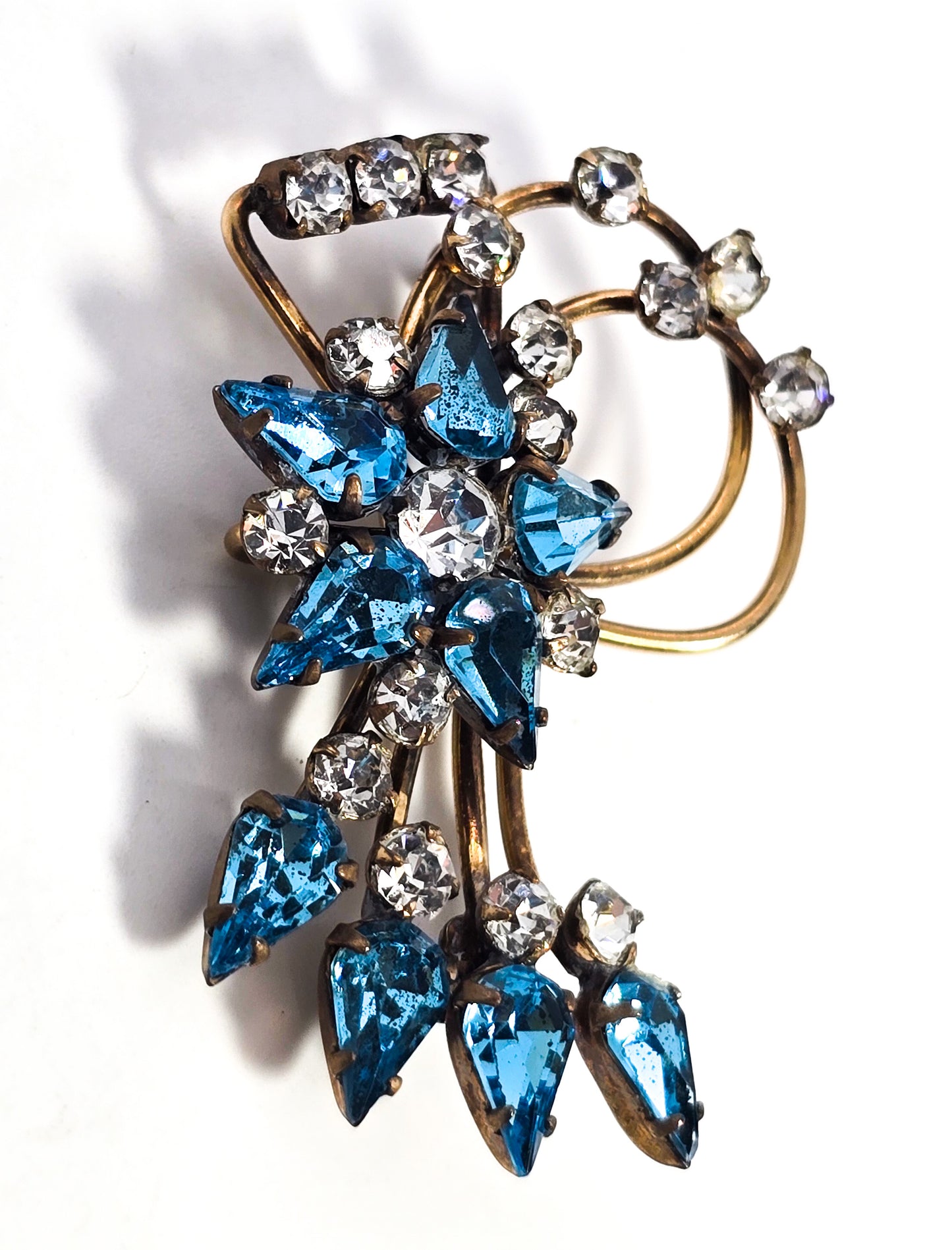 Antoinette gold filled bright blue rhinestone flower vintage spray brooch