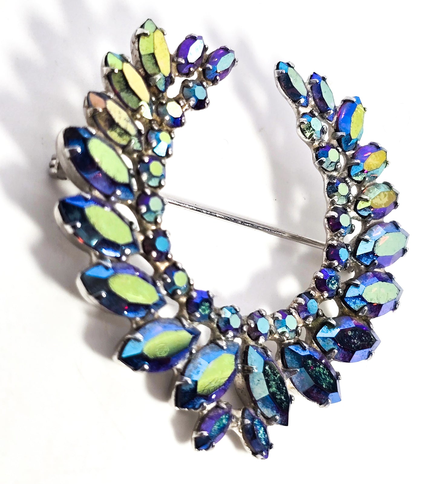 B. David Blue Aurora borealis rainbow marquis vintage rhinestone brooch