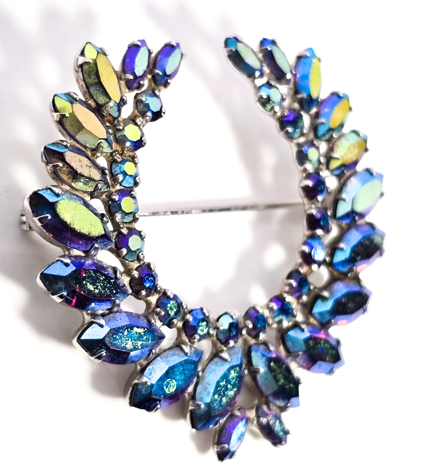 B. David Blue Aurora borealis rainbow marquis vintage rhinestone brooch