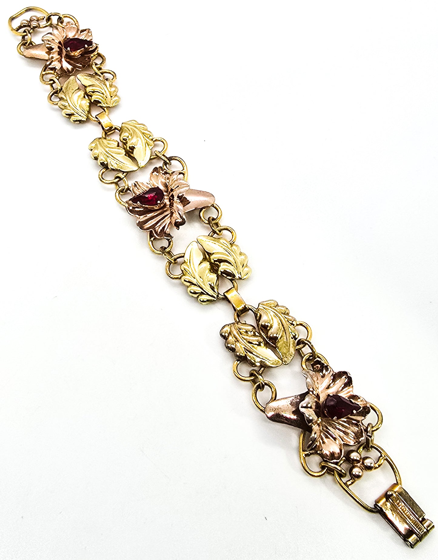 Art Deco Rose & Yellow Gold filled flower vintage Palm Products red rhinestone bracelet