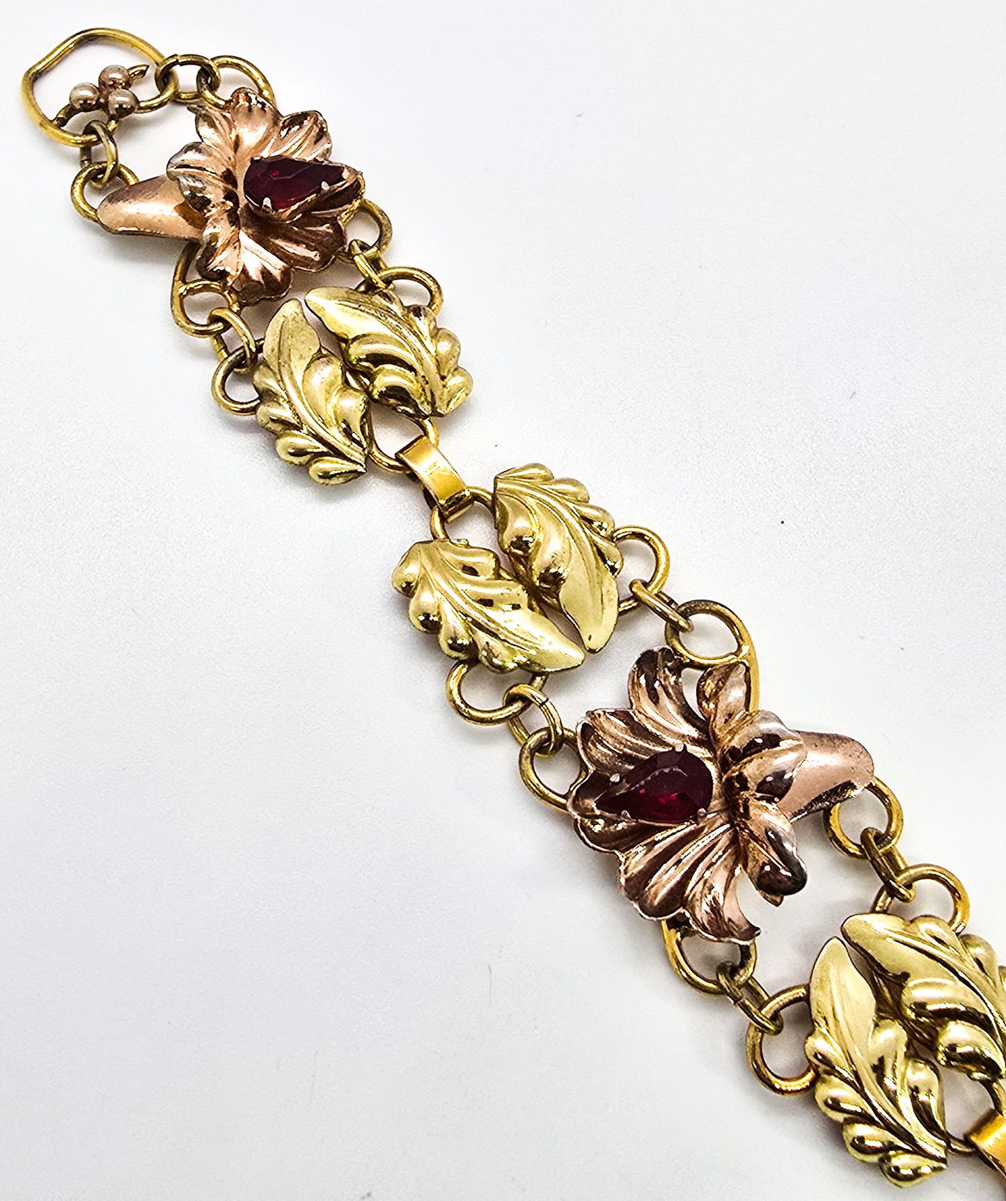 Art Deco Rose & Yellow Gold filled flower vintage Palm Products red rhinestone bracelet