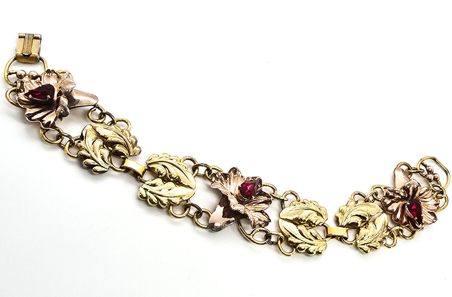 Art Deco Rose & Yellow Gold filled flower vintage Palm Products red rhinestone bracelet