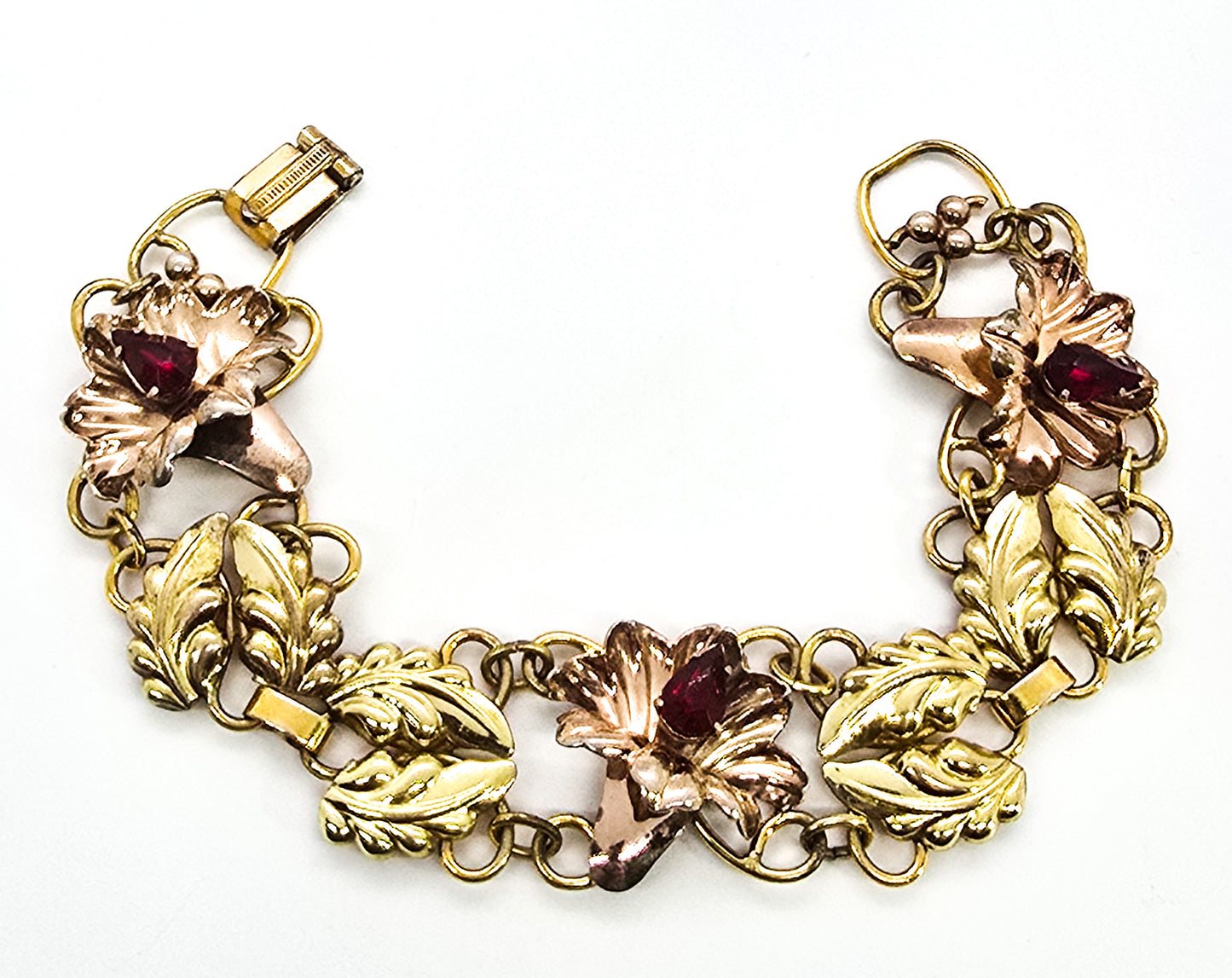 Art Deco Rose & Yellow Gold filled flower vintage Palm Products red rhinestone bracelet