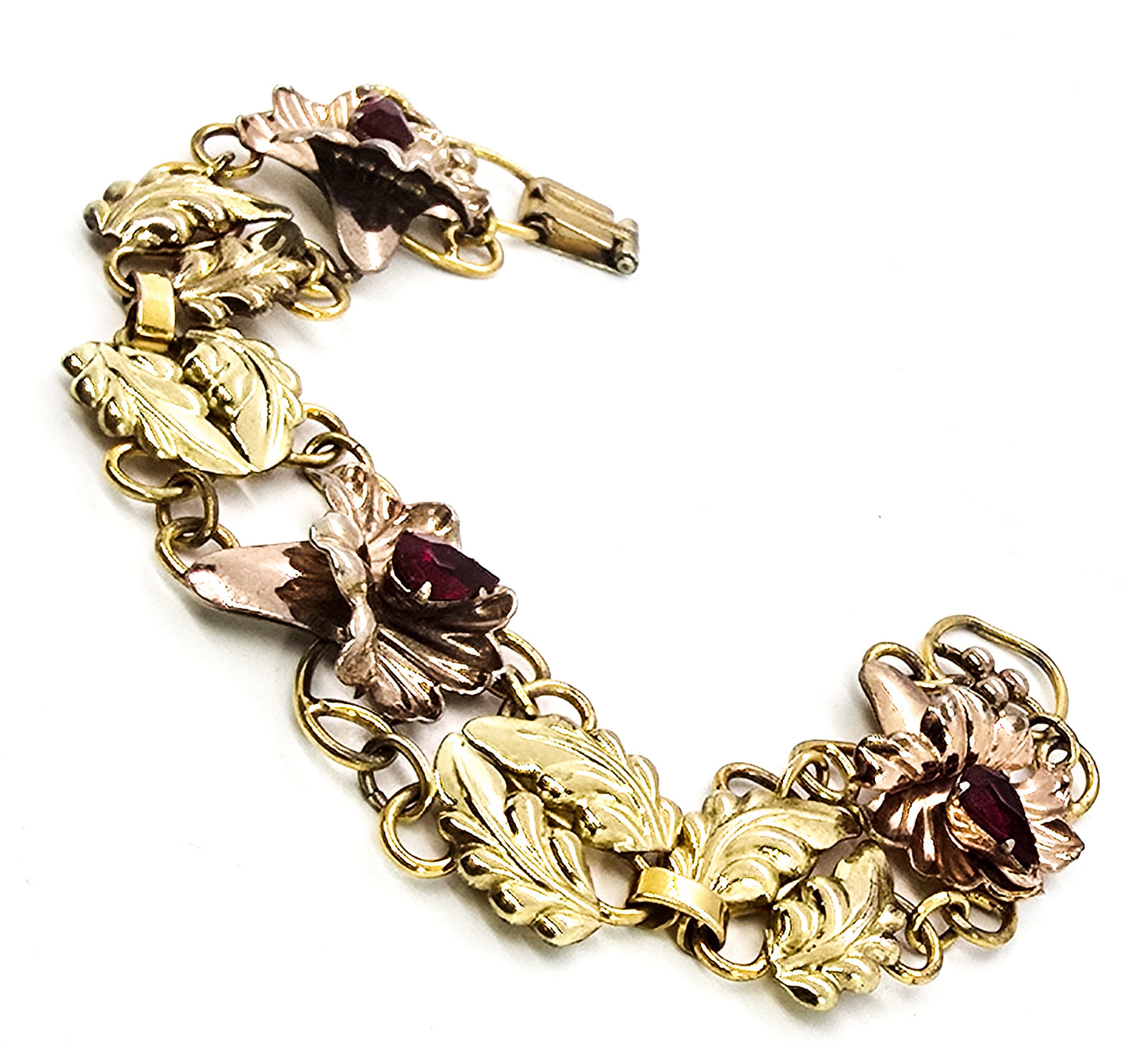 Art Deco Rose & Yellow Gold filled flower vintage Palm Products red rhinestone bracelet