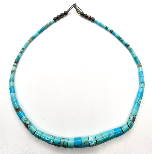 Heishi Turquoise graduated sterling silver bench bead Native American vintage necklace