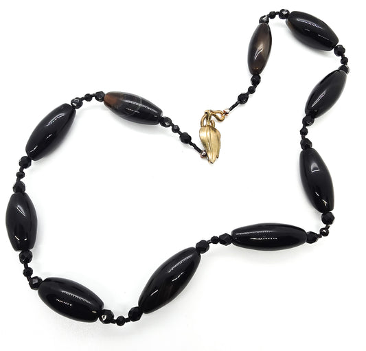 Banded black agate elongated beaded artisan crafted gemstone necklace