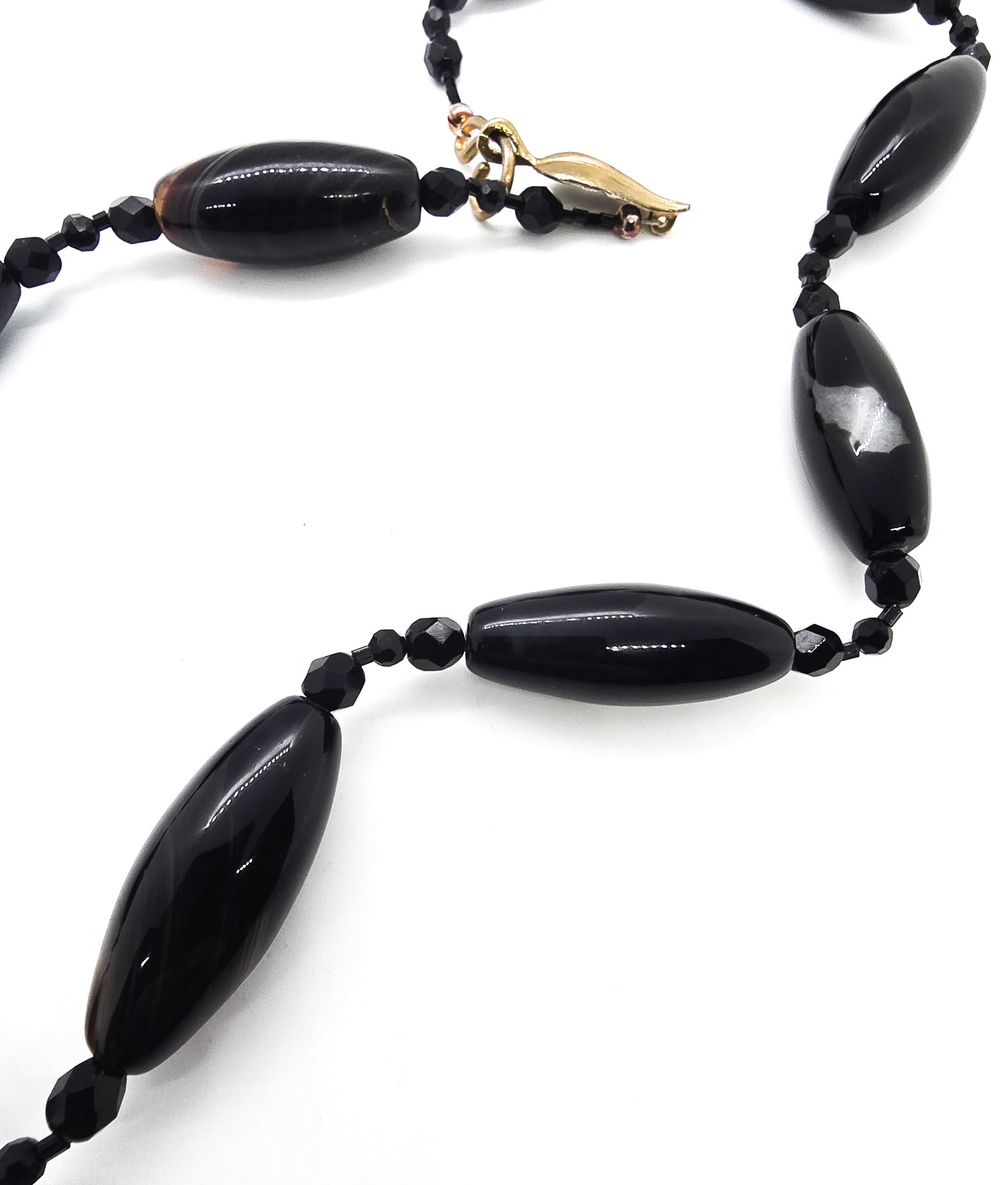 Banded black agate elongated beaded artisan crafted gemstone necklace