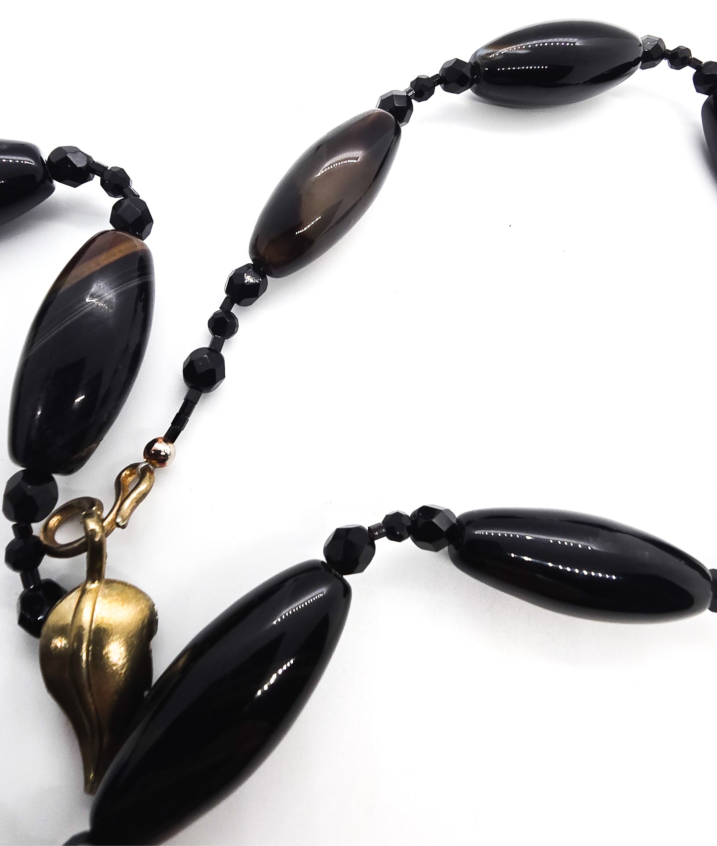 Banded black agate elongated beaded artisan crafted gemstone necklace