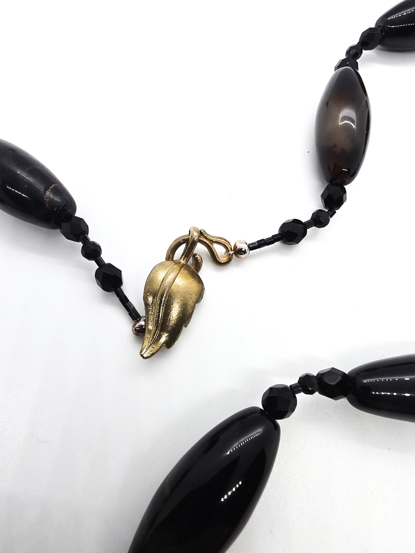 Banded black agate elongated beaded artisan crafted gemstone necklace