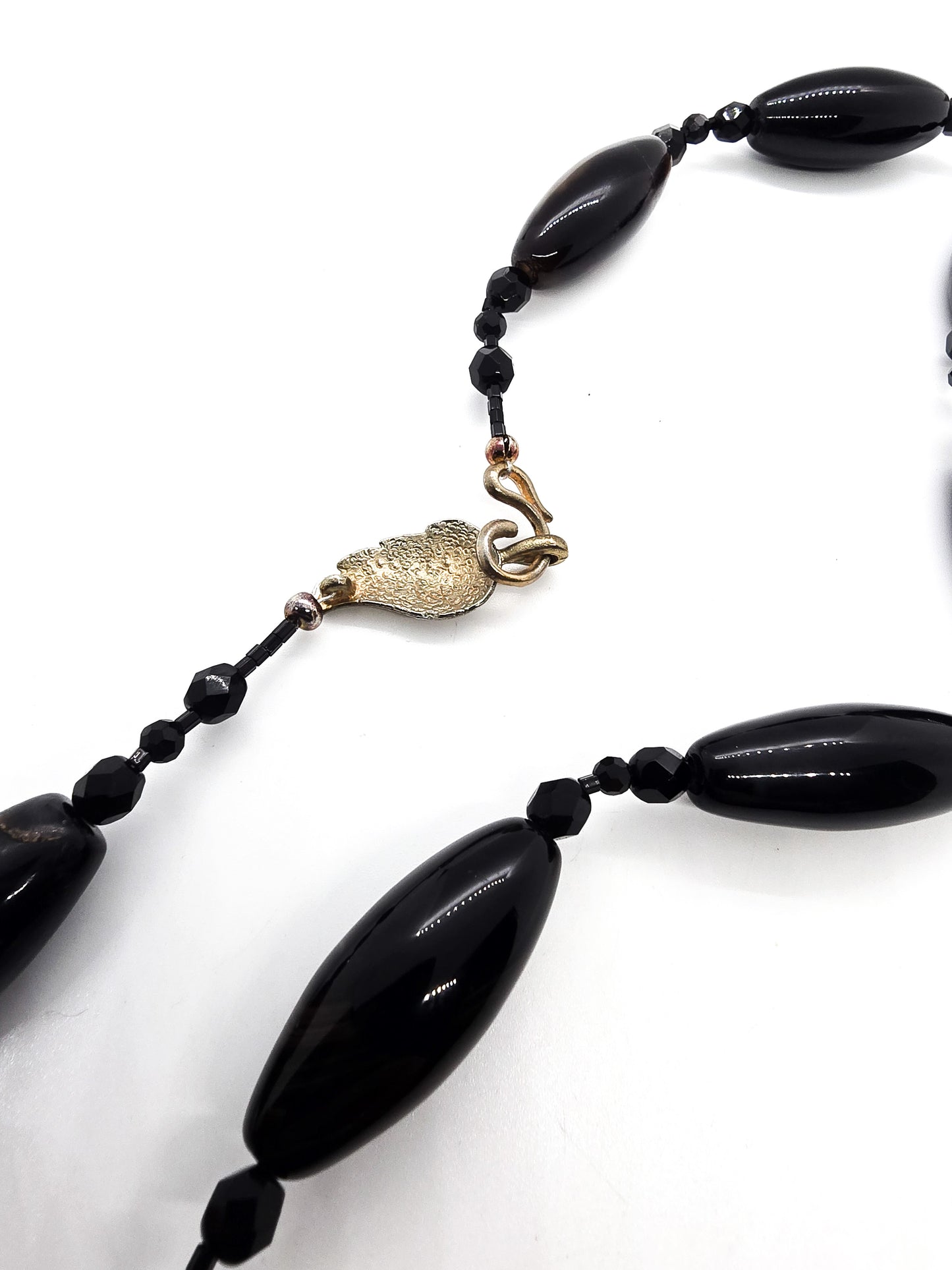 Banded black agate elongated beaded artisan crafted gemstone necklace