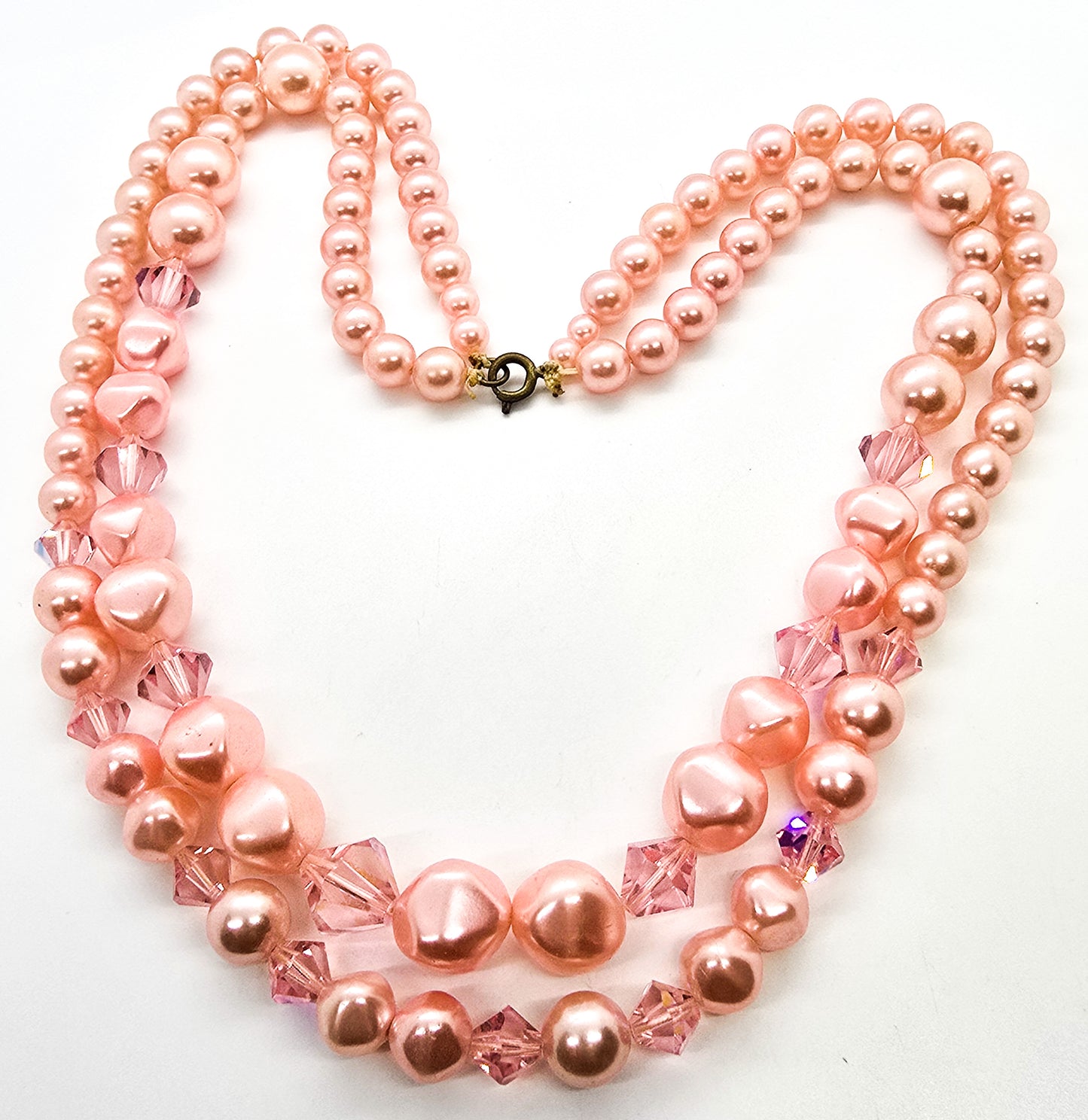 Baby pink beaded Austrian crystal faux pearl double strand graduated vintage necklace