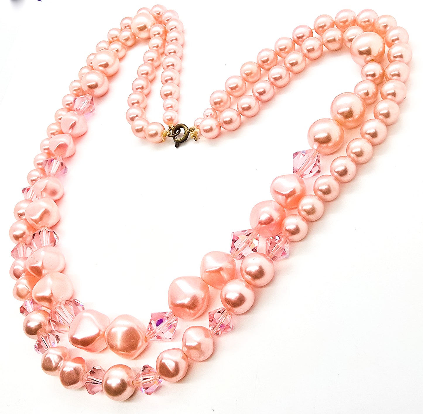 Baby pink beaded Austrian crystal faux pearl double strand graduated vintage necklace