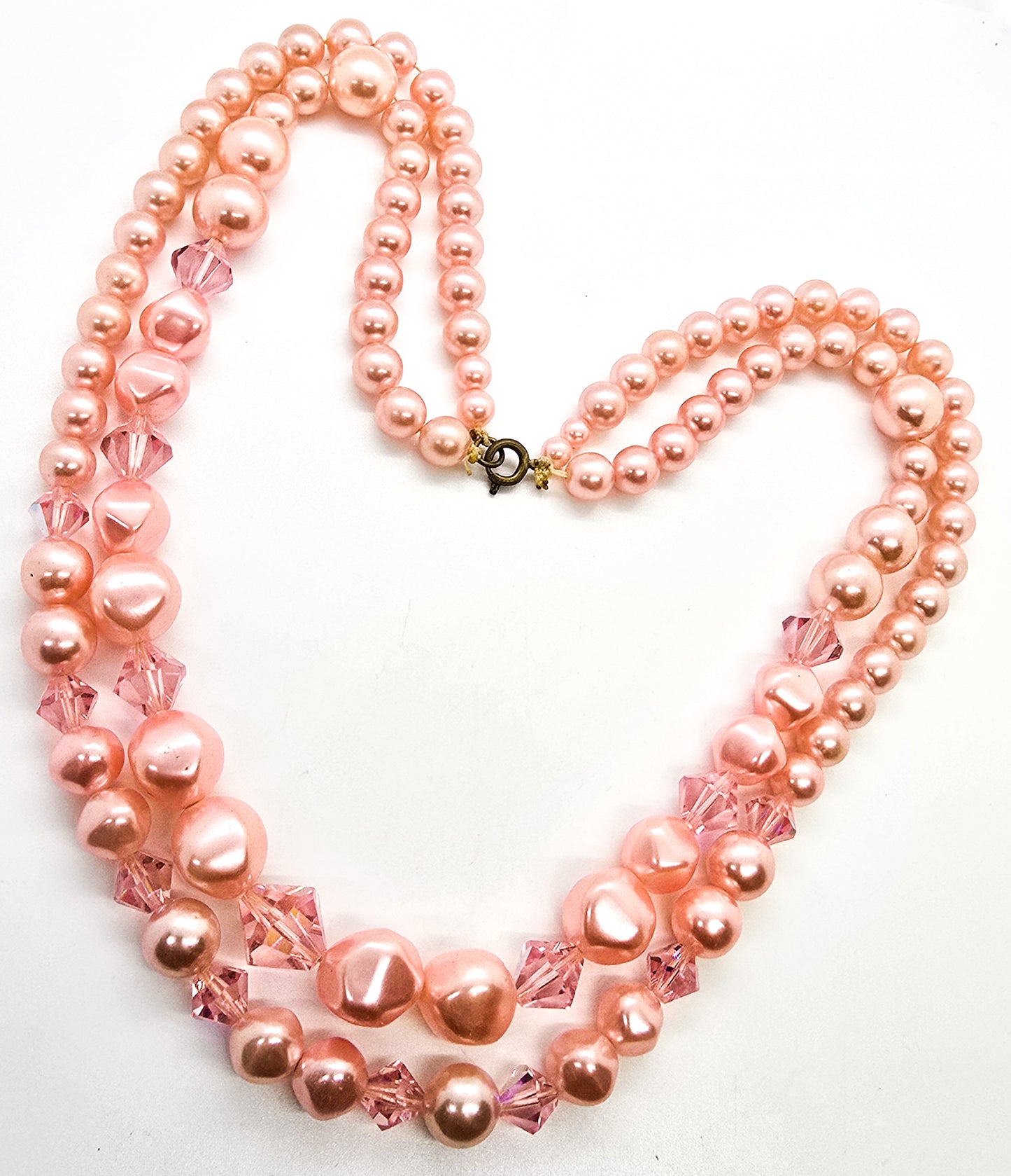 Baby pink beaded Austrian crystal faux pearl double strand graduated vintage necklace