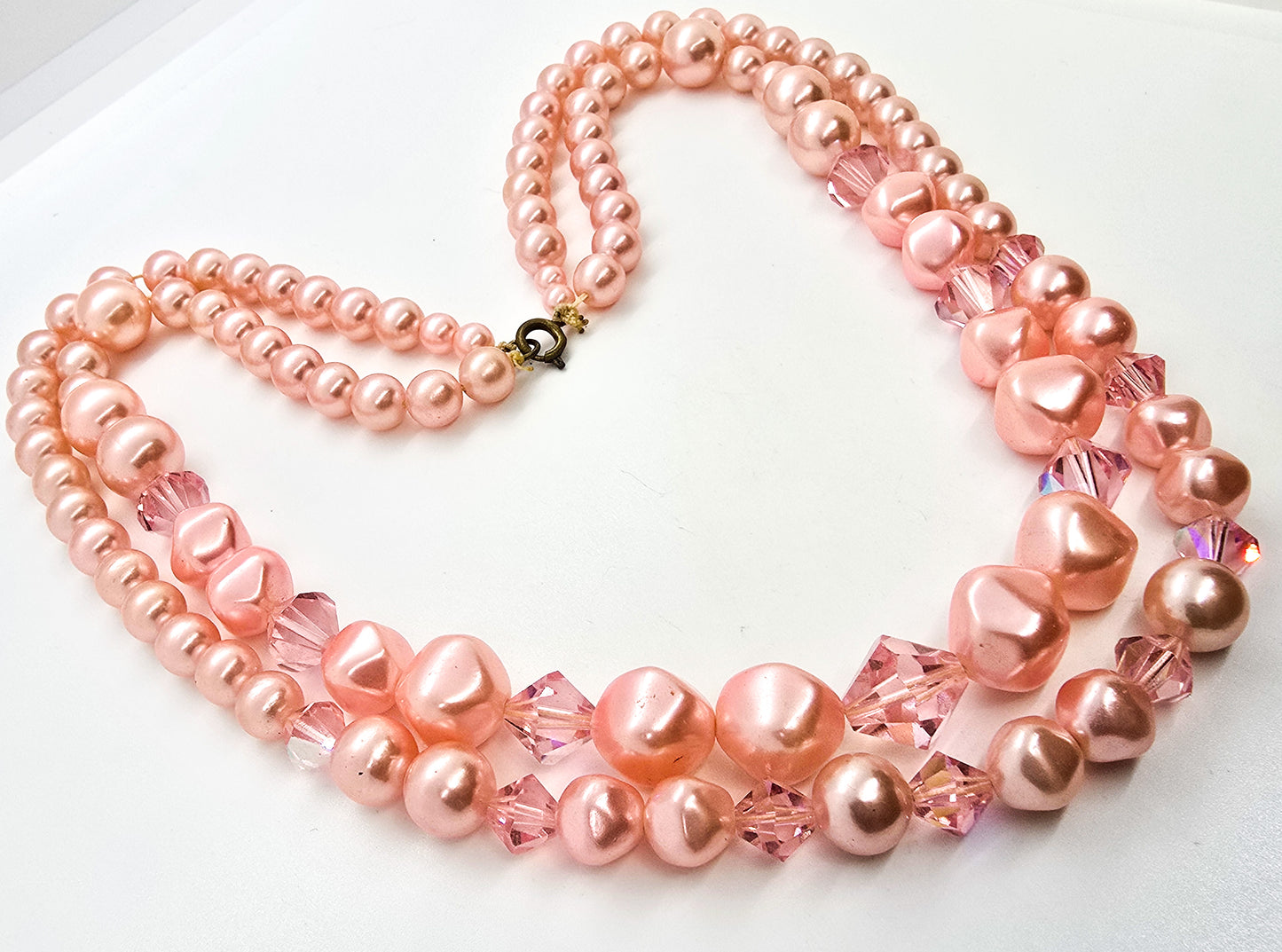 Baby pink beaded Austrian crystal faux pearl double strand graduated vintage necklace