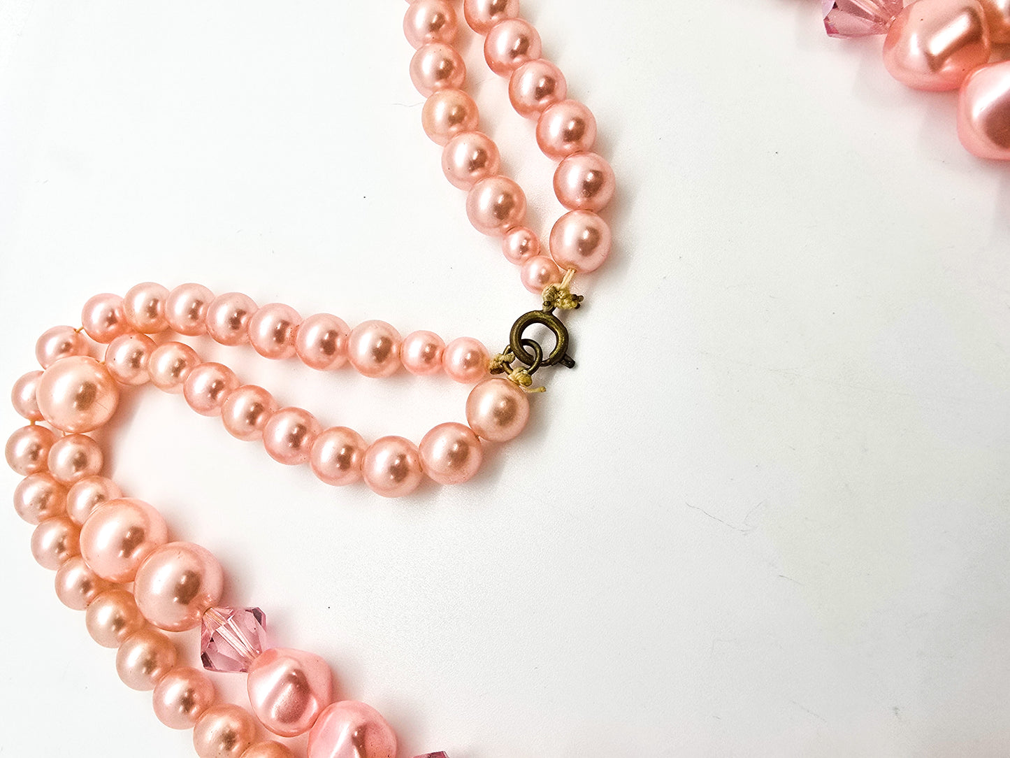 Baby pink beaded Austrian crystal faux pearl double strand graduated vintage necklace