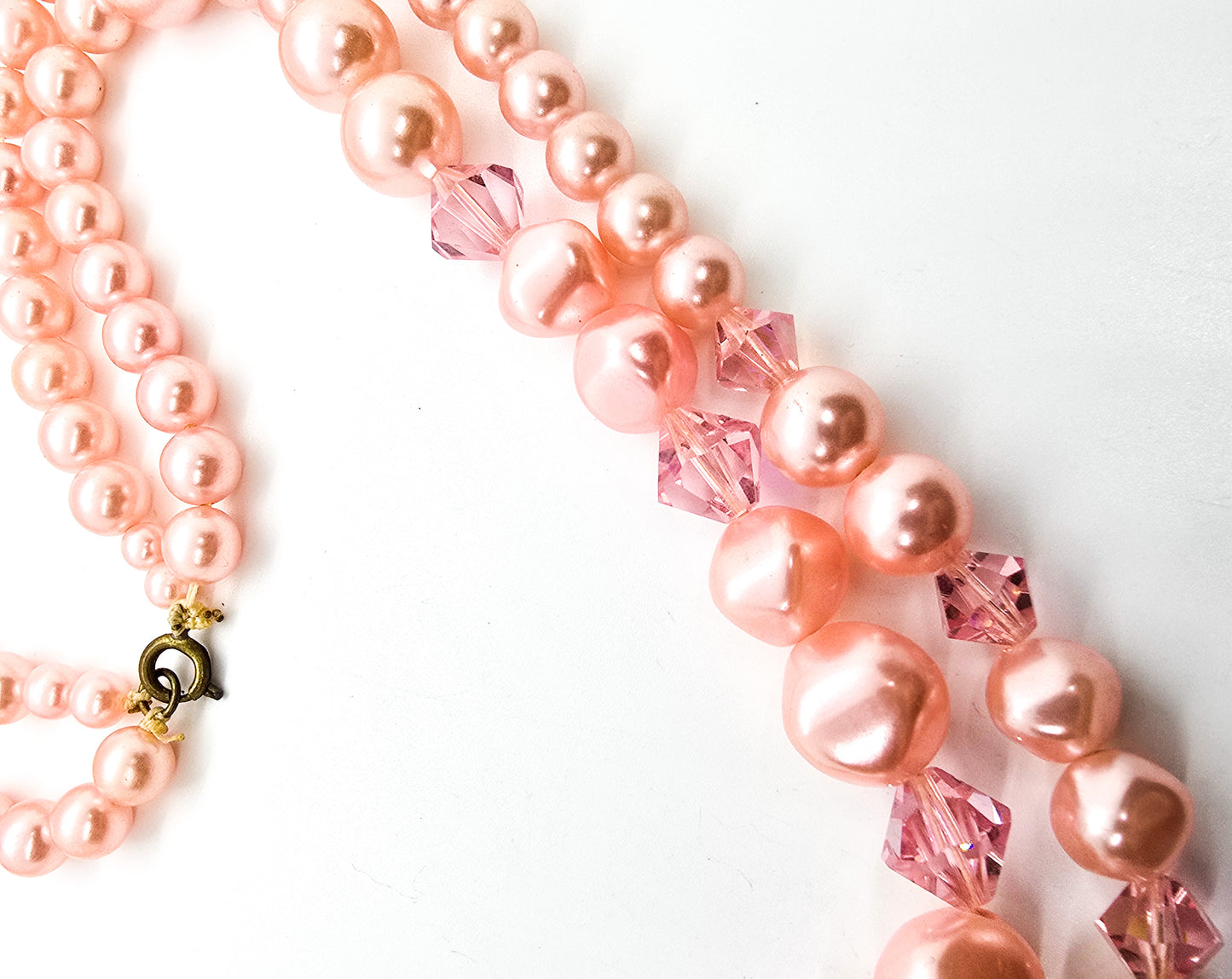 Baby pink beaded Austrian crystal faux pearl double strand graduated vintage necklace