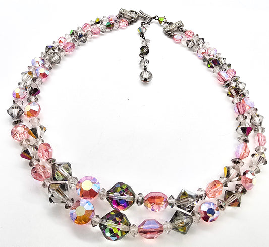 Pink Smokey Aurora Borealis Austrian Crystal two Tiered graduated vintage necklace