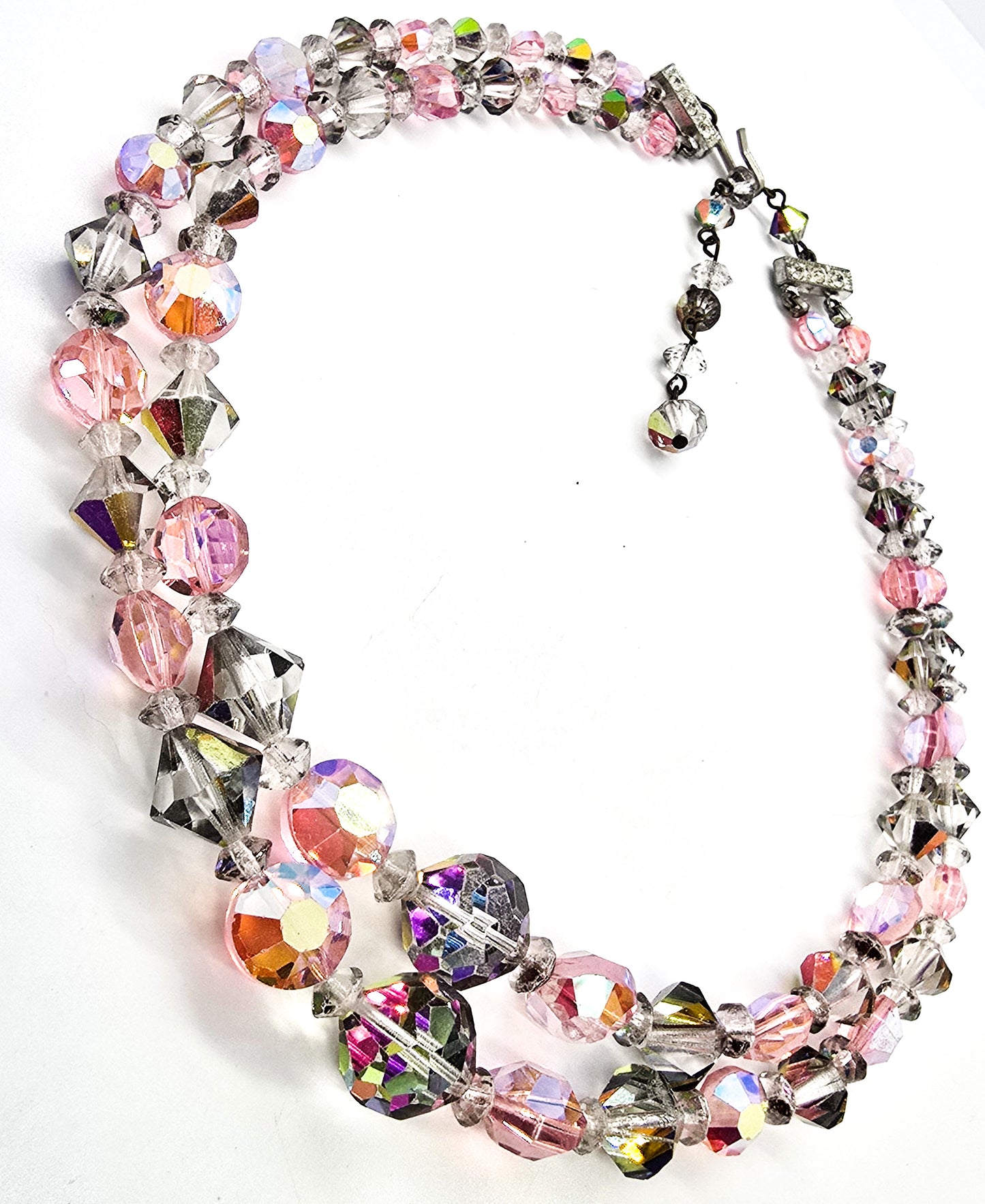 Pink Smokey Aurora Borealis Austrian Crystal two Tiered graduated vintage necklace