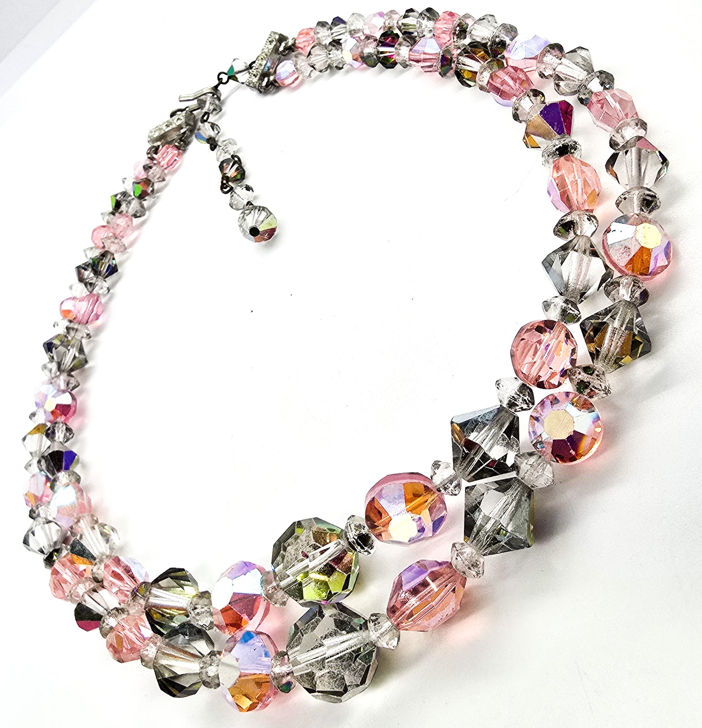 Pink Smokey Aurora Borealis Austrian Crystal two Tiered graduated vintage necklace