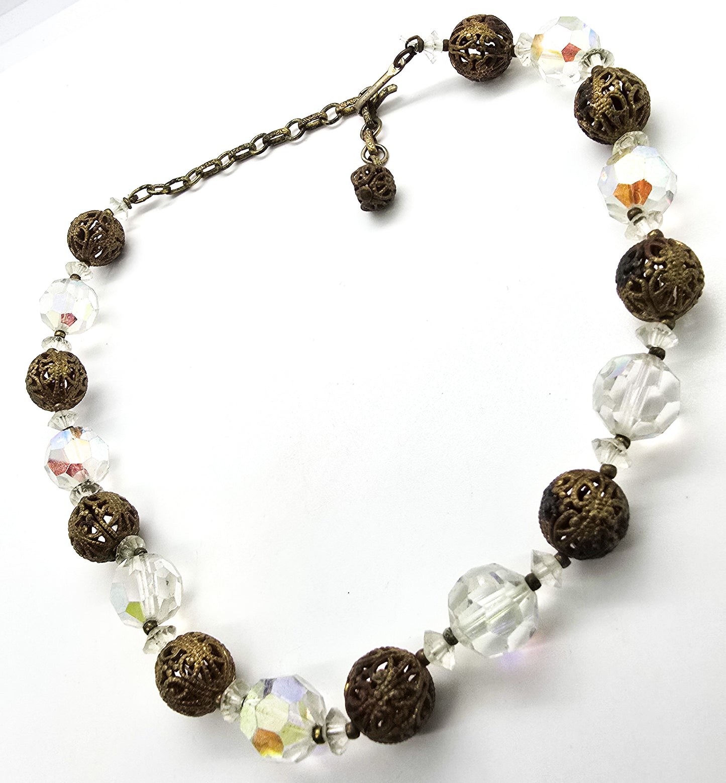 Austrian crystal aurora borealis pierced brass beaded vintage adjustable necklace