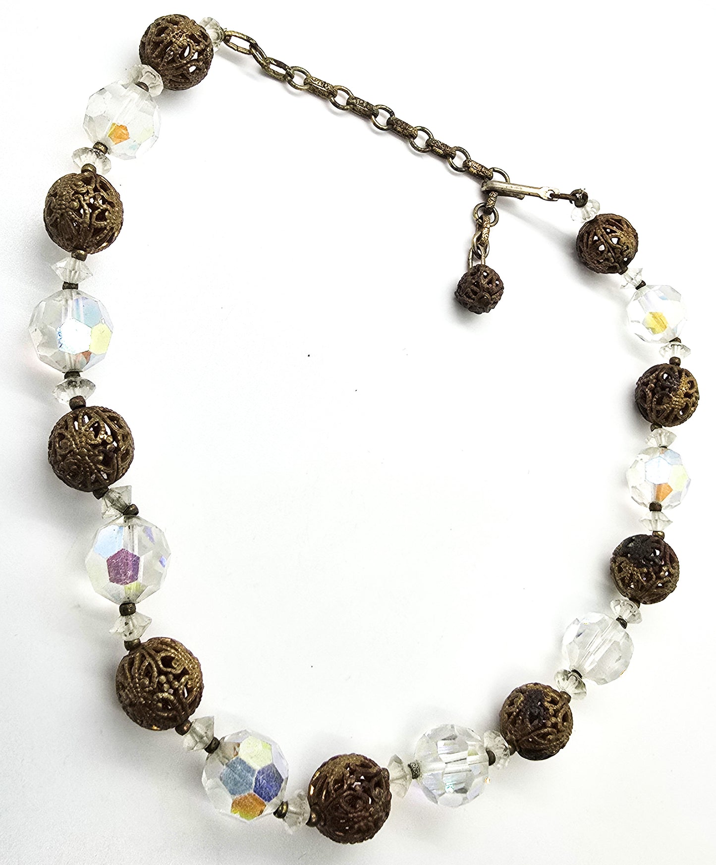 Austrian crystal aurora borealis pierced brass beaded vintage adjustable necklace