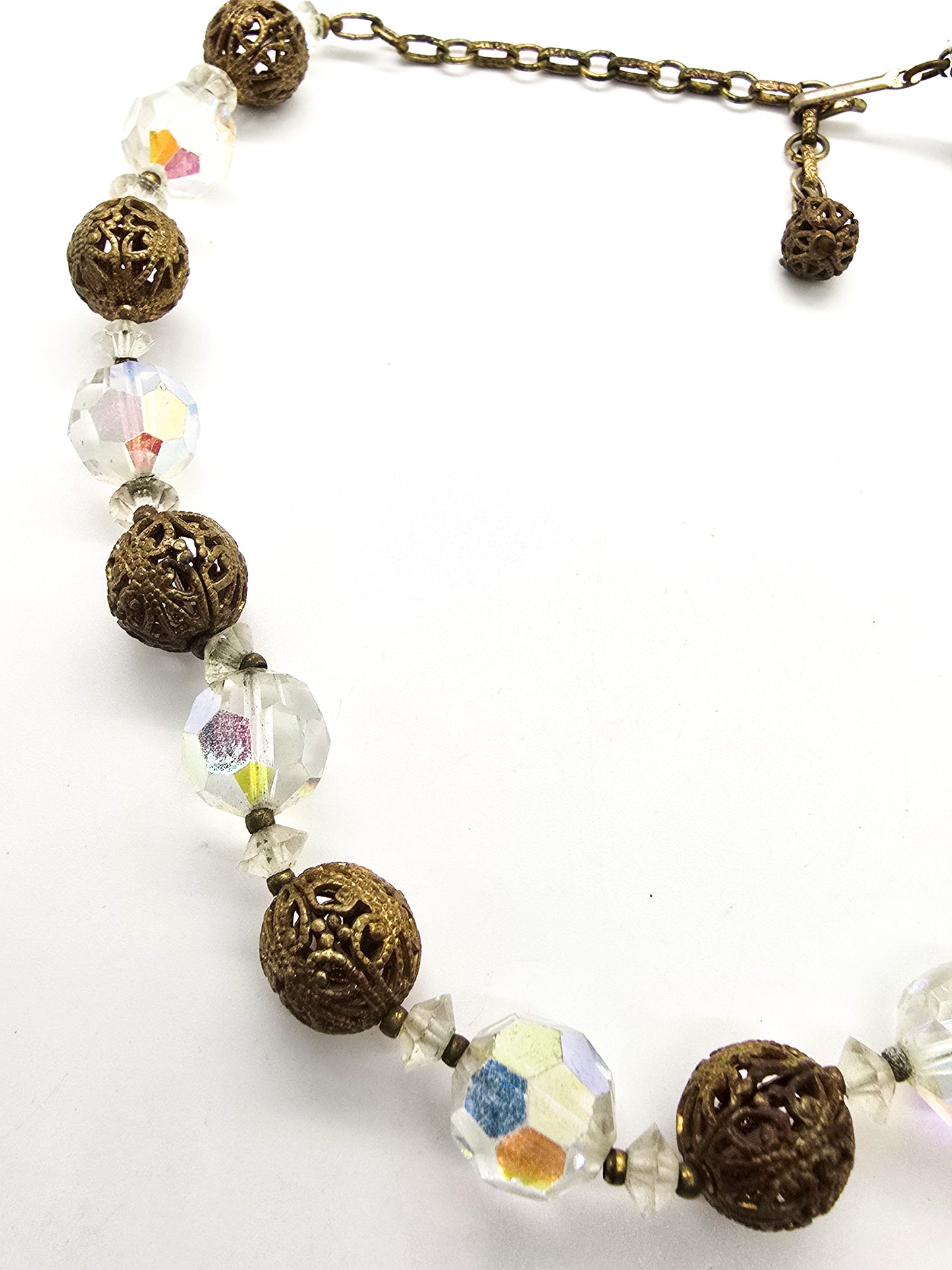 Austrian crystal aurora borealis pierced brass beaded vintage adjustable necklace