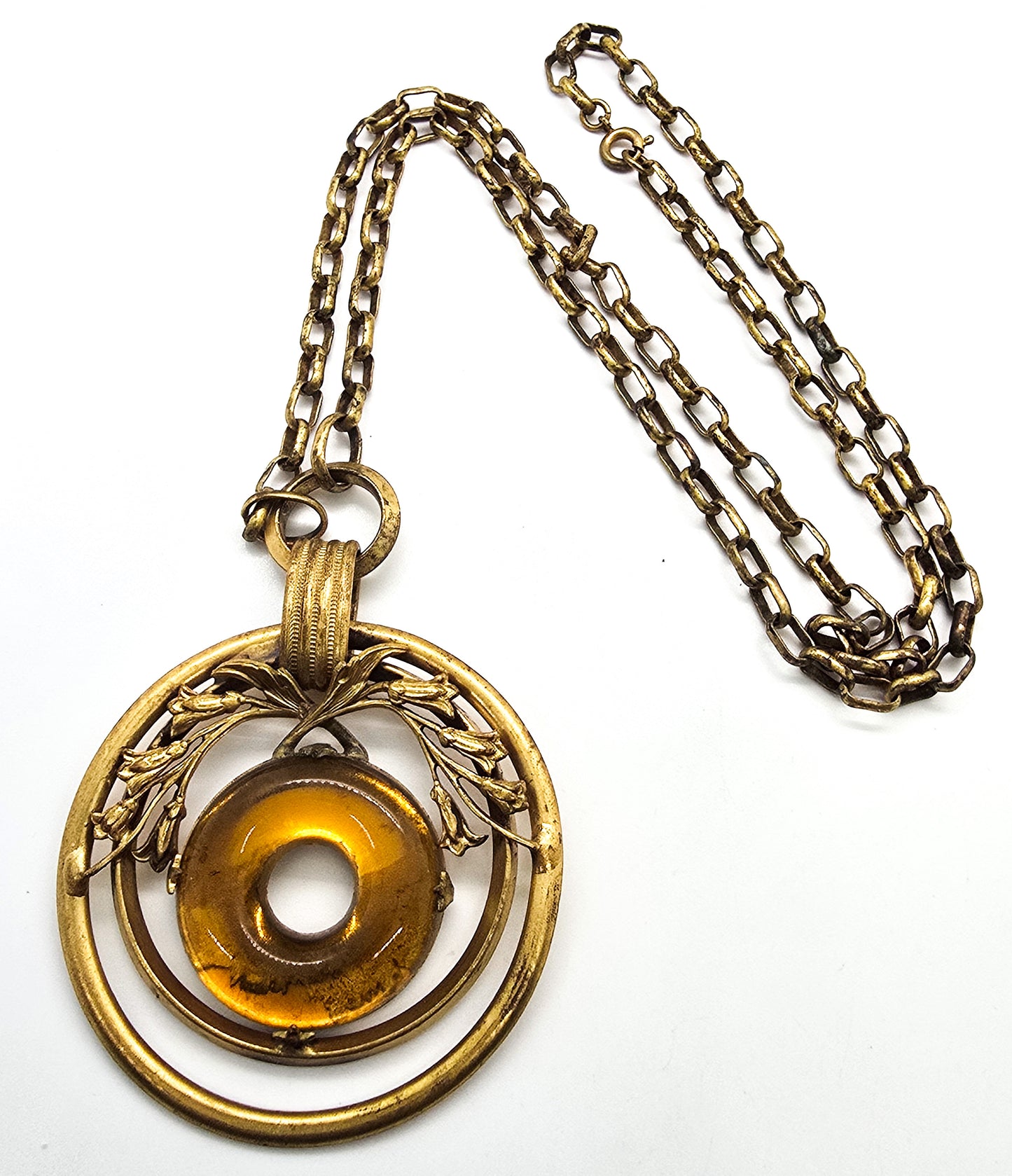 Victorian Revival honey Lucite vintage polished brass donut necklace