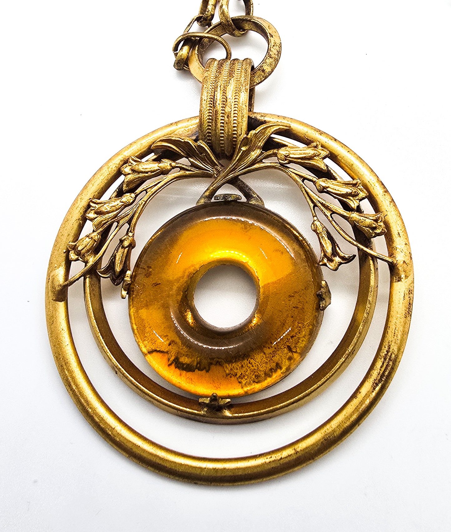 Victorian Revival honey Lucite vintage polished brass donut necklace