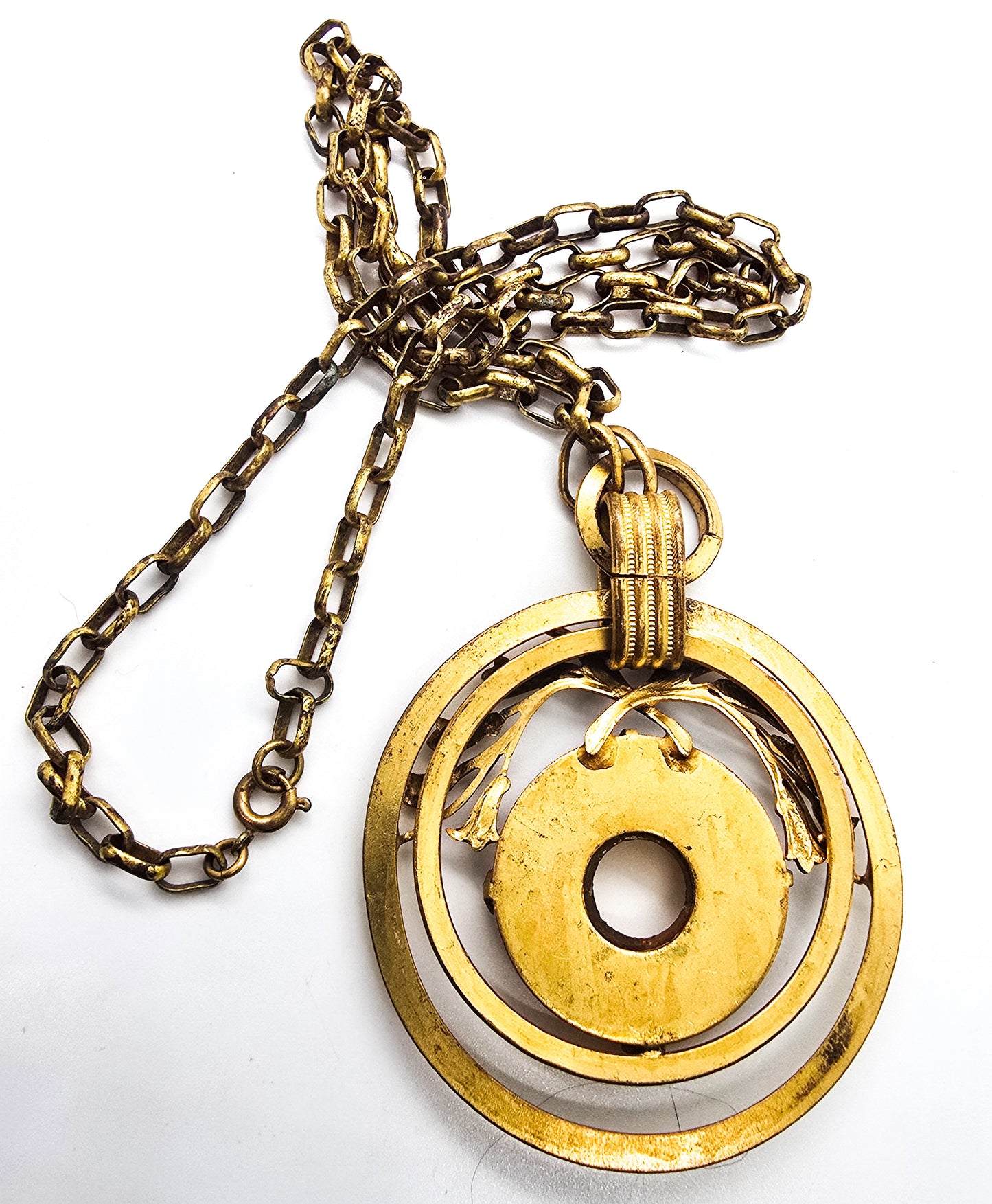 Victorian Revival honey Lucite vintage polished brass donut necklace