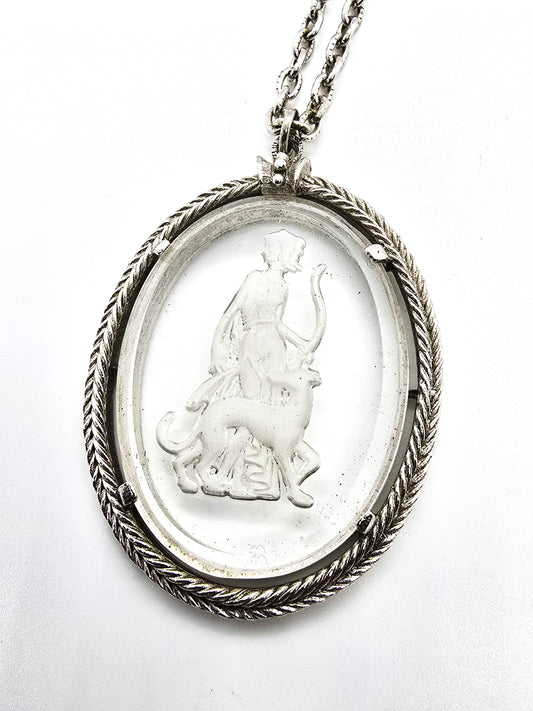 Diana the Huntress 1973 Avon Reversed carved clear glass silver toned vintage necklace