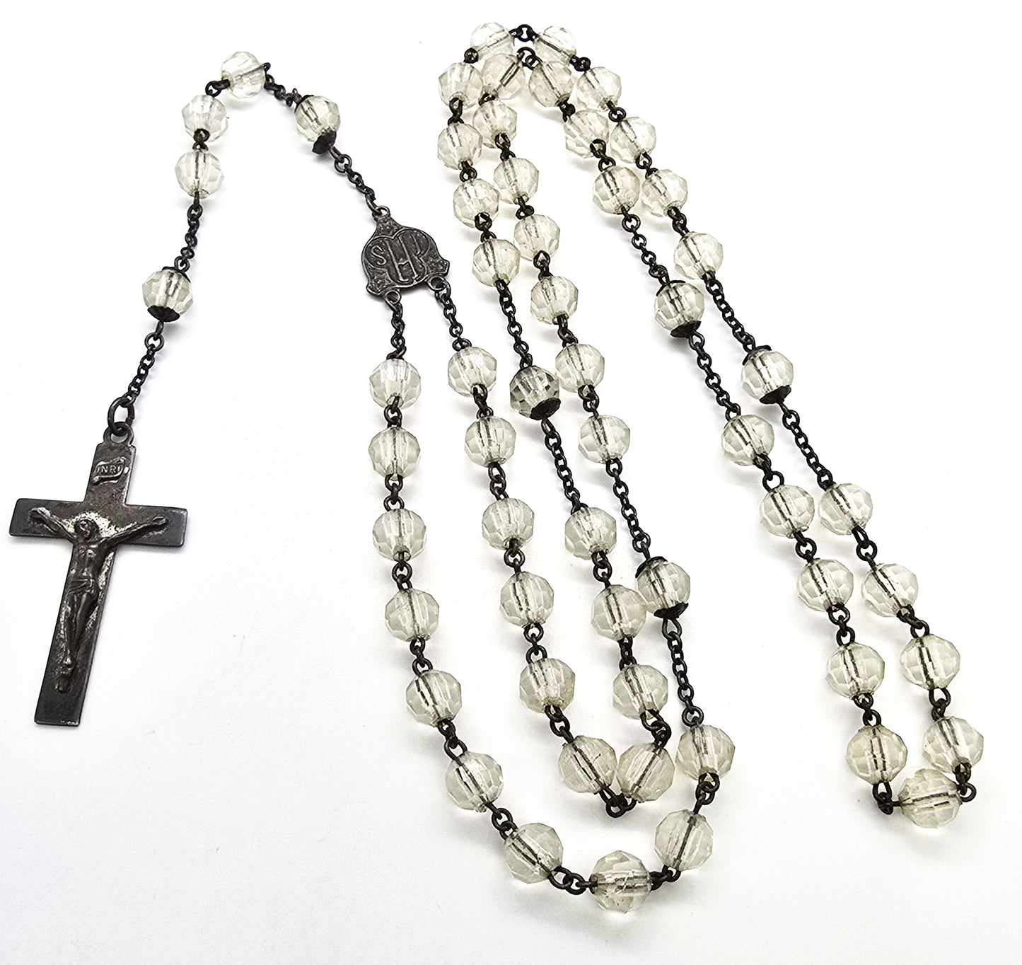 Catholic Rosary Sterling silver Crucifix clear crystal vintage rosary