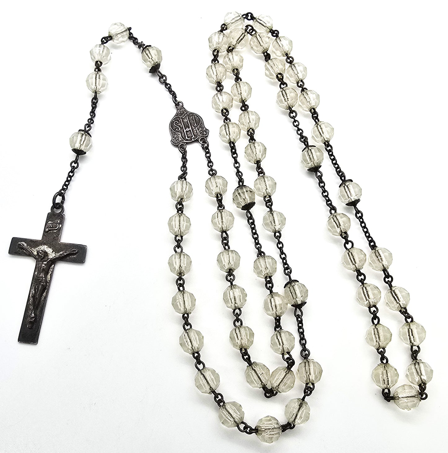 Catholic Rosary Sterling silver Crucifix clear crystal vintage rosary