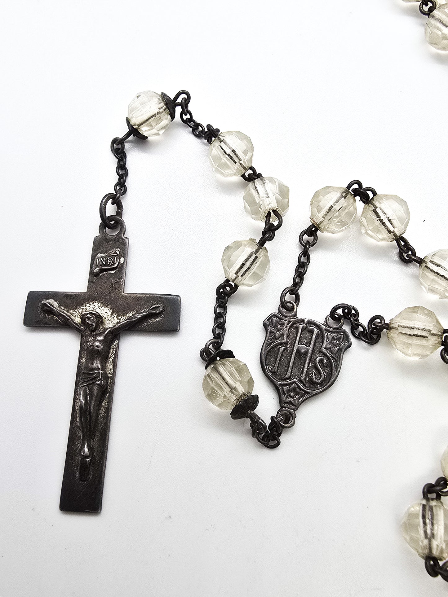 Catholic Rosary Sterling silver Crucifix clear crystal vintage rosary