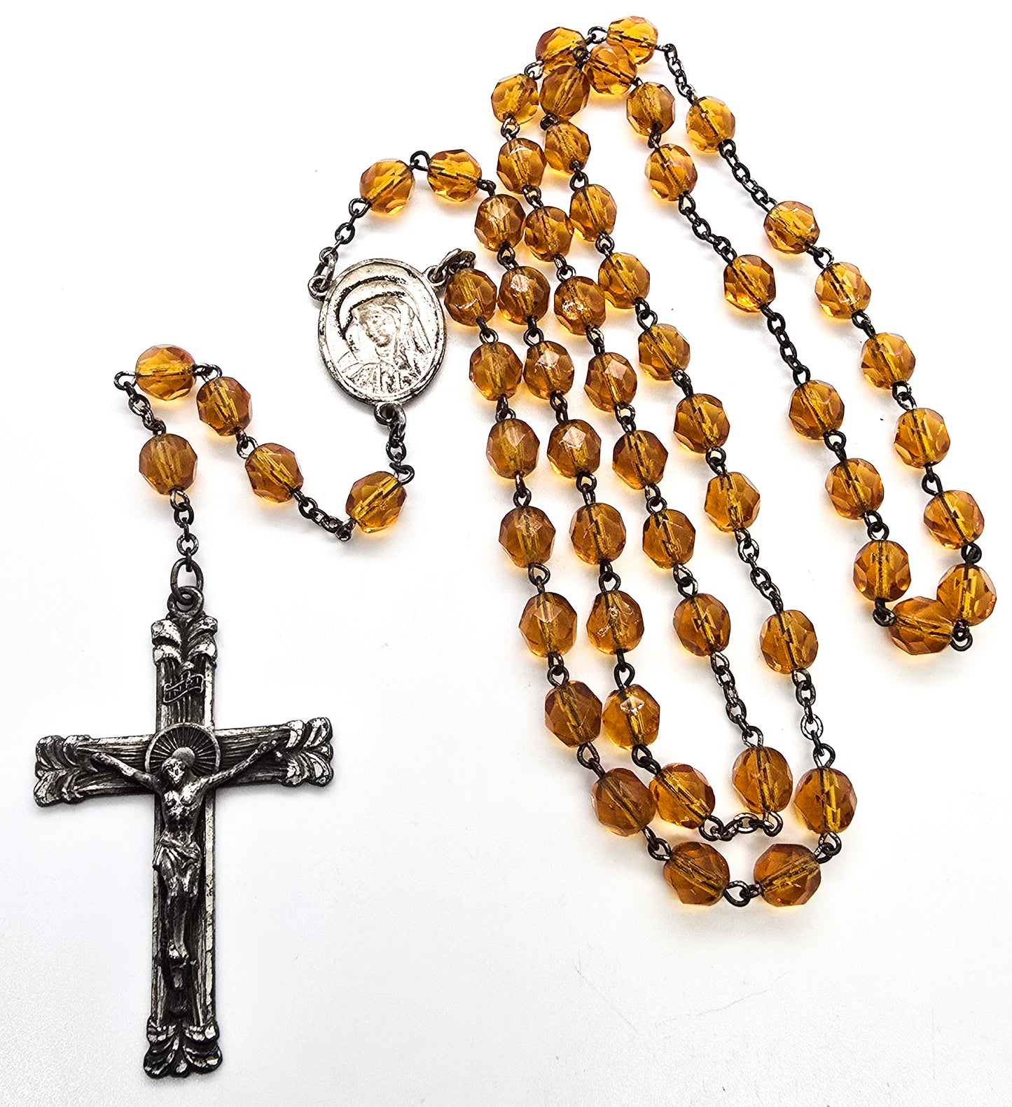 Catholic Rosary Sterling silver Crucifix amber glass crystal vintage rosary