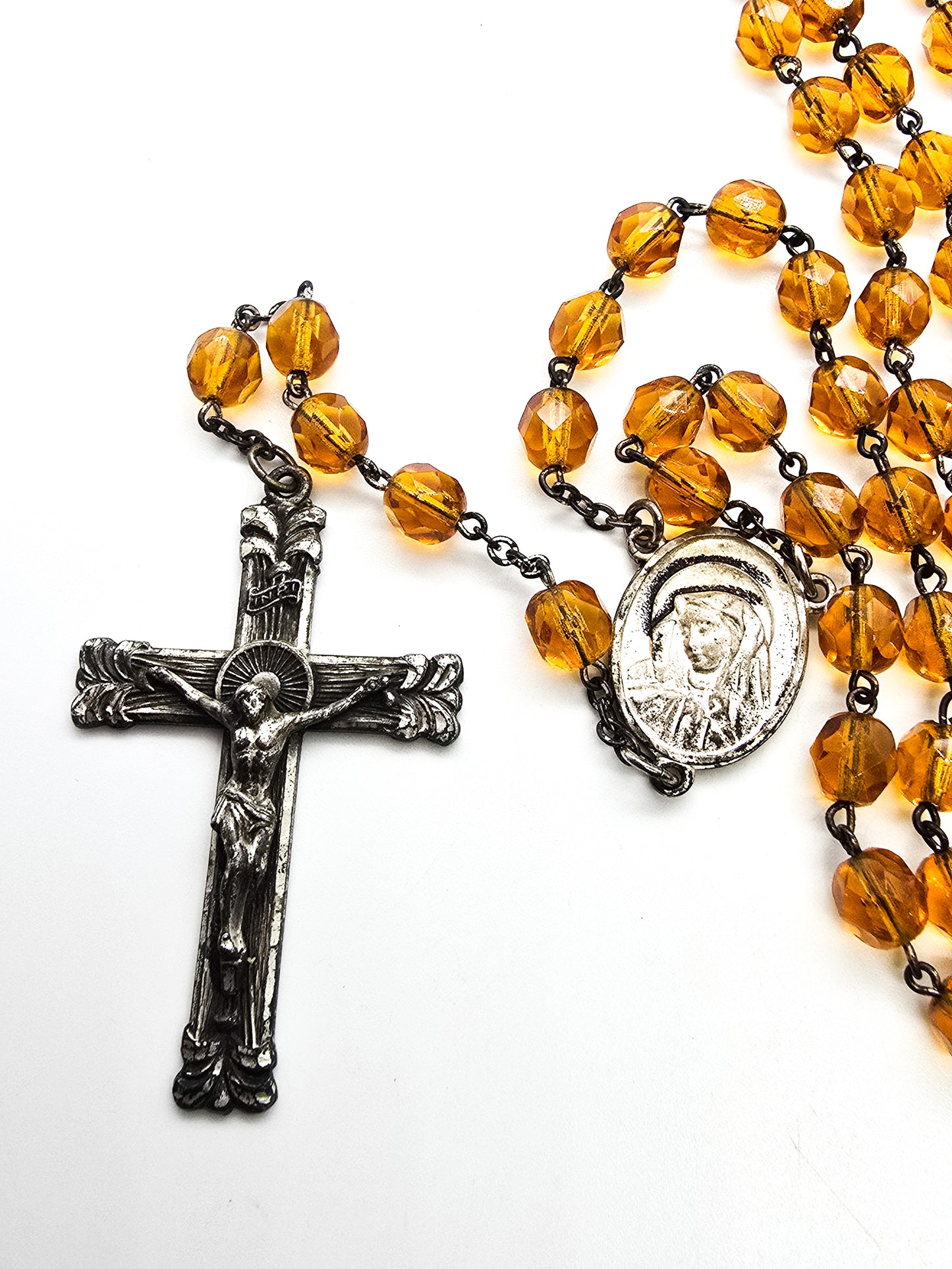 Catholic Rosary Sterling silver Crucifix amber glass crystal vintage rosary