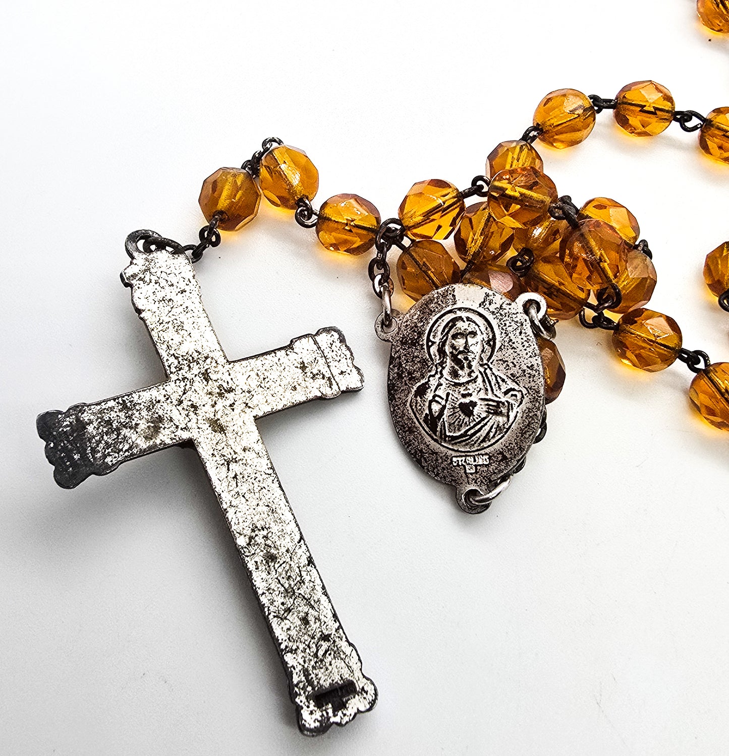 Catholic Rosary Sterling silver Crucifix amber glass crystal vintage rosary