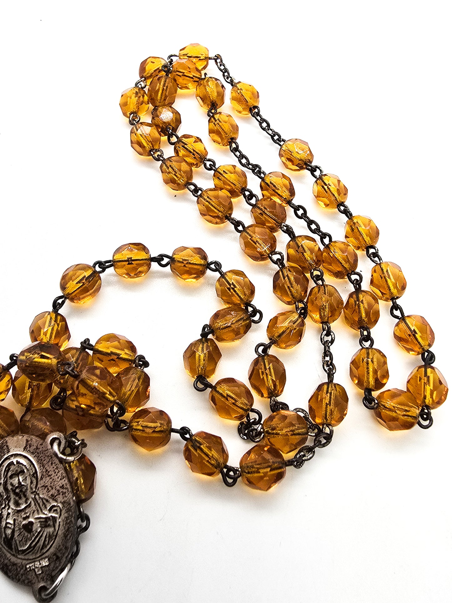 Catholic Rosary Sterling silver Crucifix amber glass crystal vintage rosary