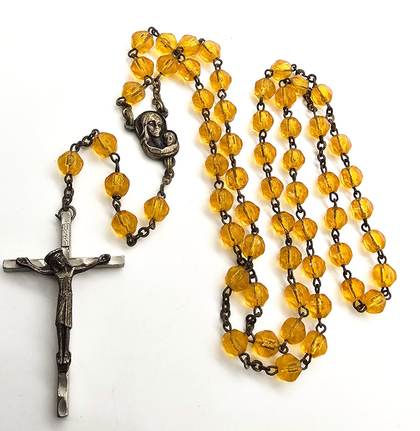 Catholic Rosary Mother Mary Crucifix amber glass crystal vintage rosary