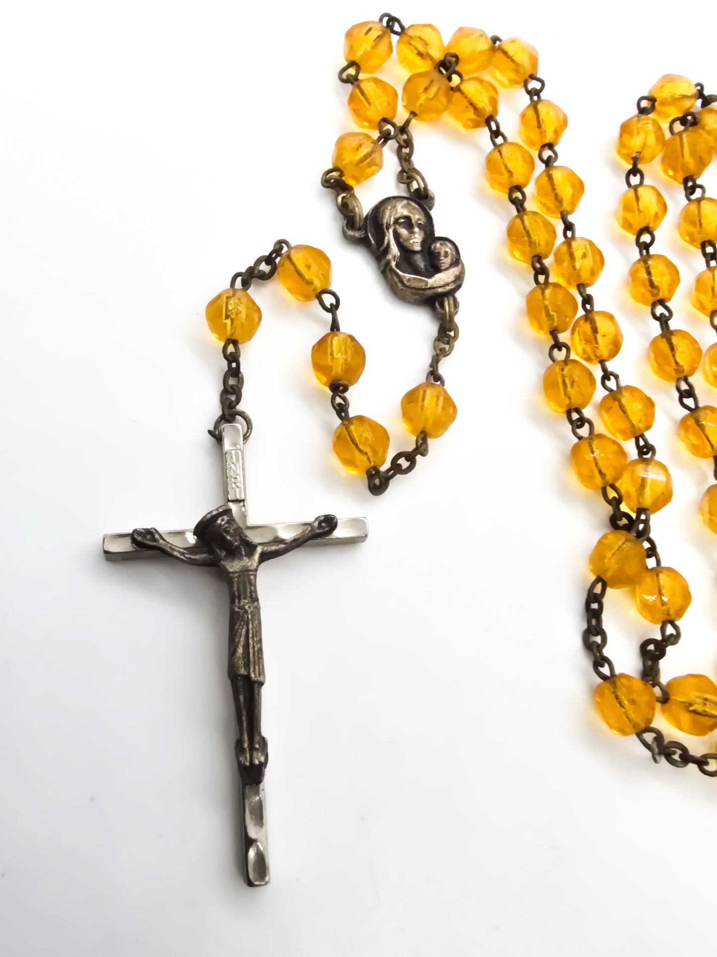 Catholic Rosary Mother Mary Crucifix amber glass crystal vintage rosary