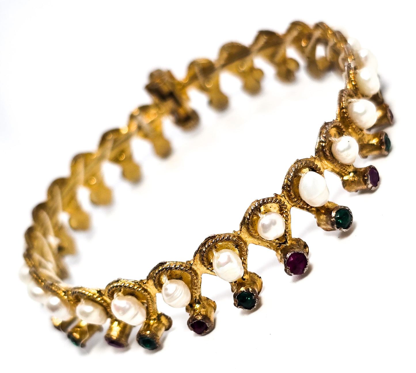 Pearl Ruby and synesthetic emerald gold plated Hindu Krishna Wedding bangle bracelet